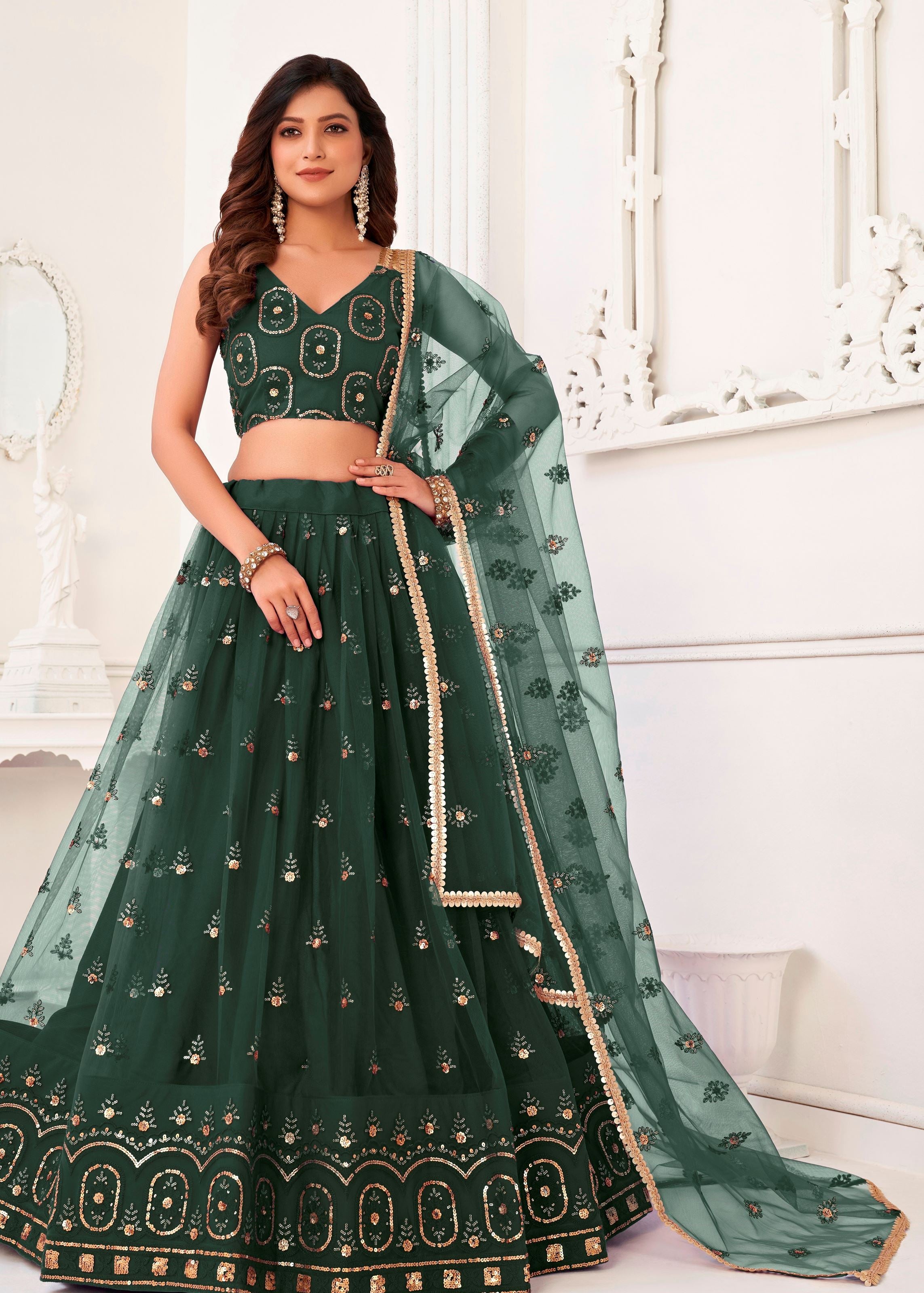 Green Butterfly Net Lehenga Choli With  Thread And Zari Sandwich Sequence Embroidery Work