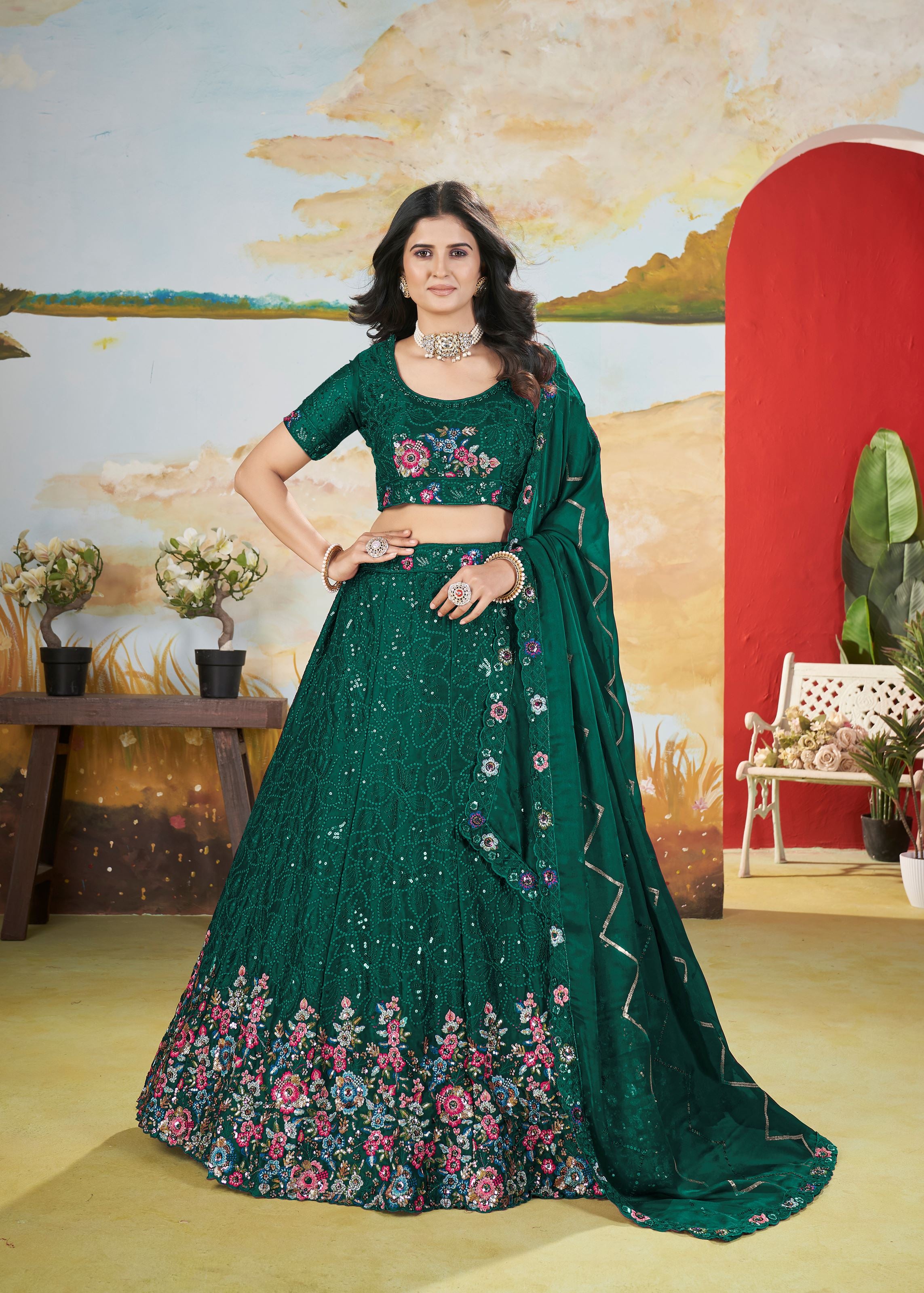 Green Chinnon Lehenga with Fancy Thread  Copper Sequins