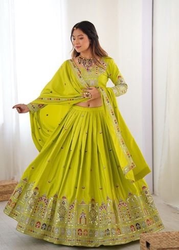 Green Lehenga Choli With Coding Dori With Thread  Sequnce Work