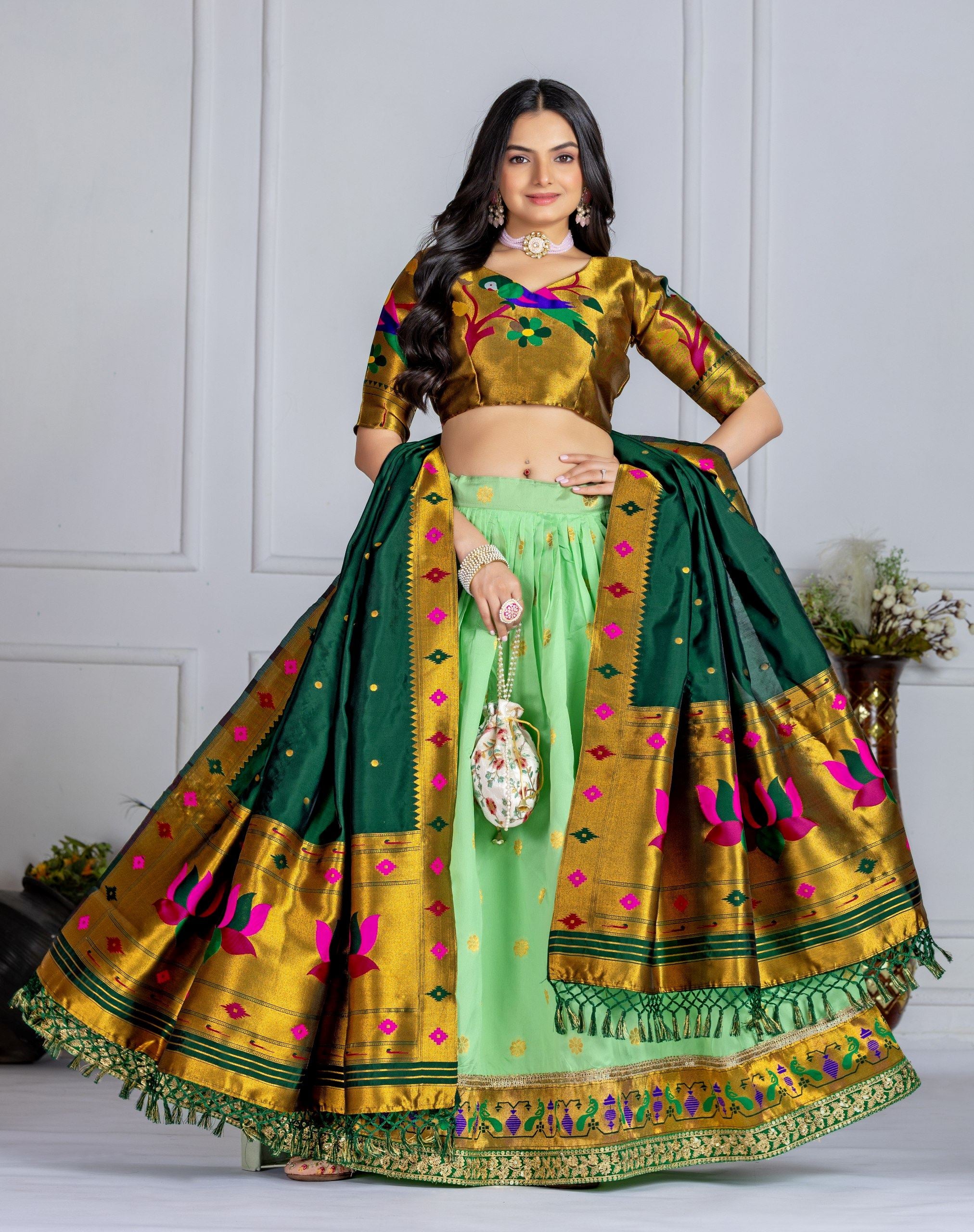 Green Lehenga Choli with Jacquard Zari Weaving & Embroidery Lace Detailing
