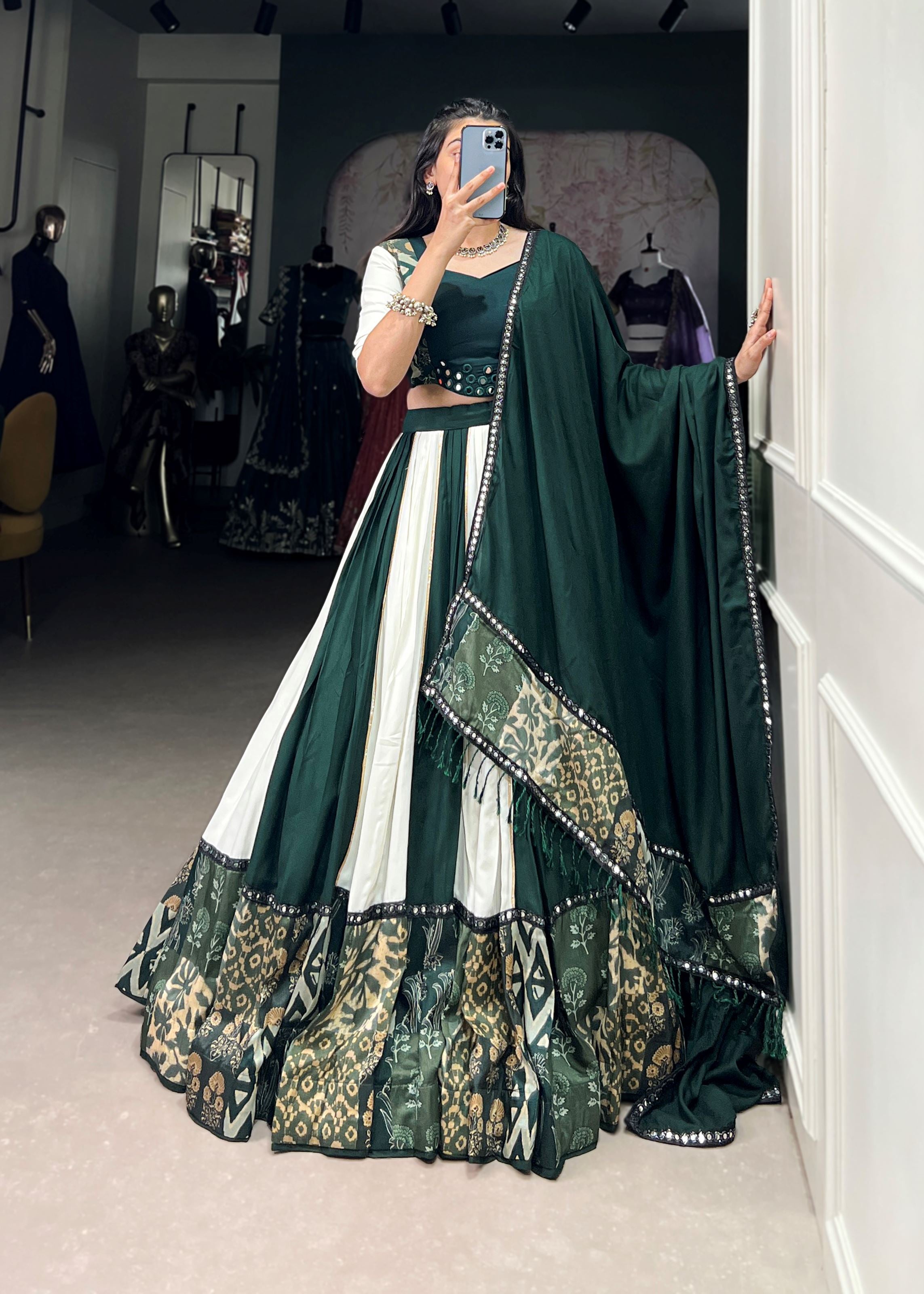 Green Printed  Plain Rayon Lehenga with Mirror Lace and Gota Patti Sparkle
