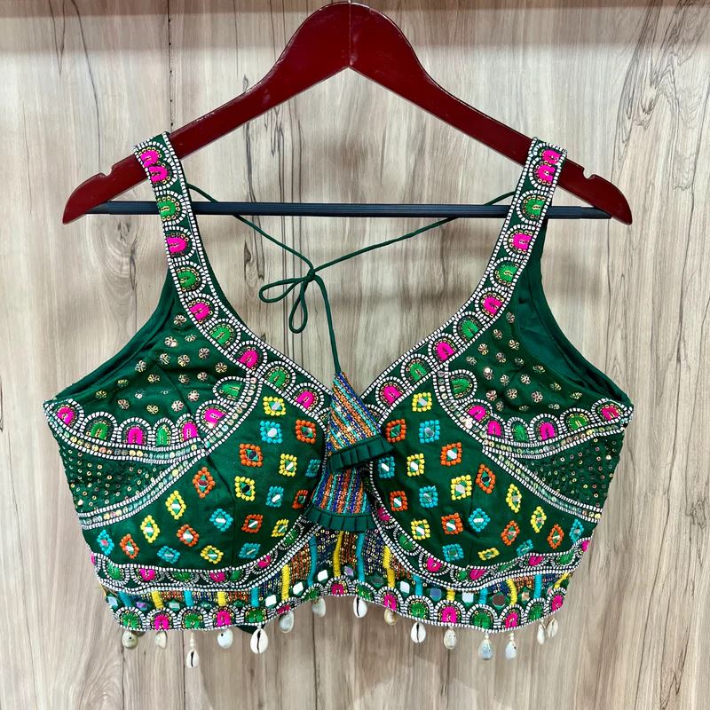 Green Timo Silk Royal Shine Blouse with Real Mirror Work –10" Sleeve Attached