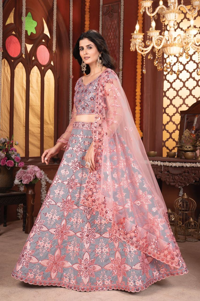 Grey Lehenga Choli With Thread Embroidery  And Heavy Sequins Work