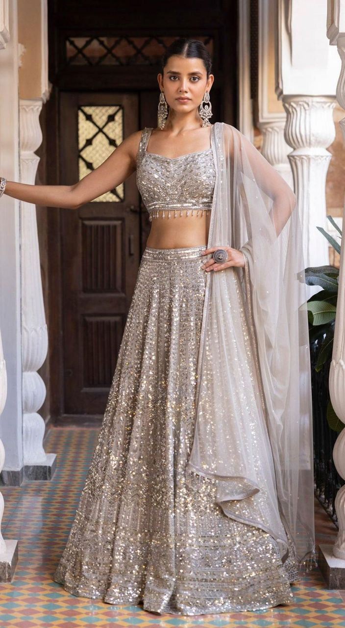 Grey Silk Blend Lehenga with Zari  Heavy Sequin Embroidery