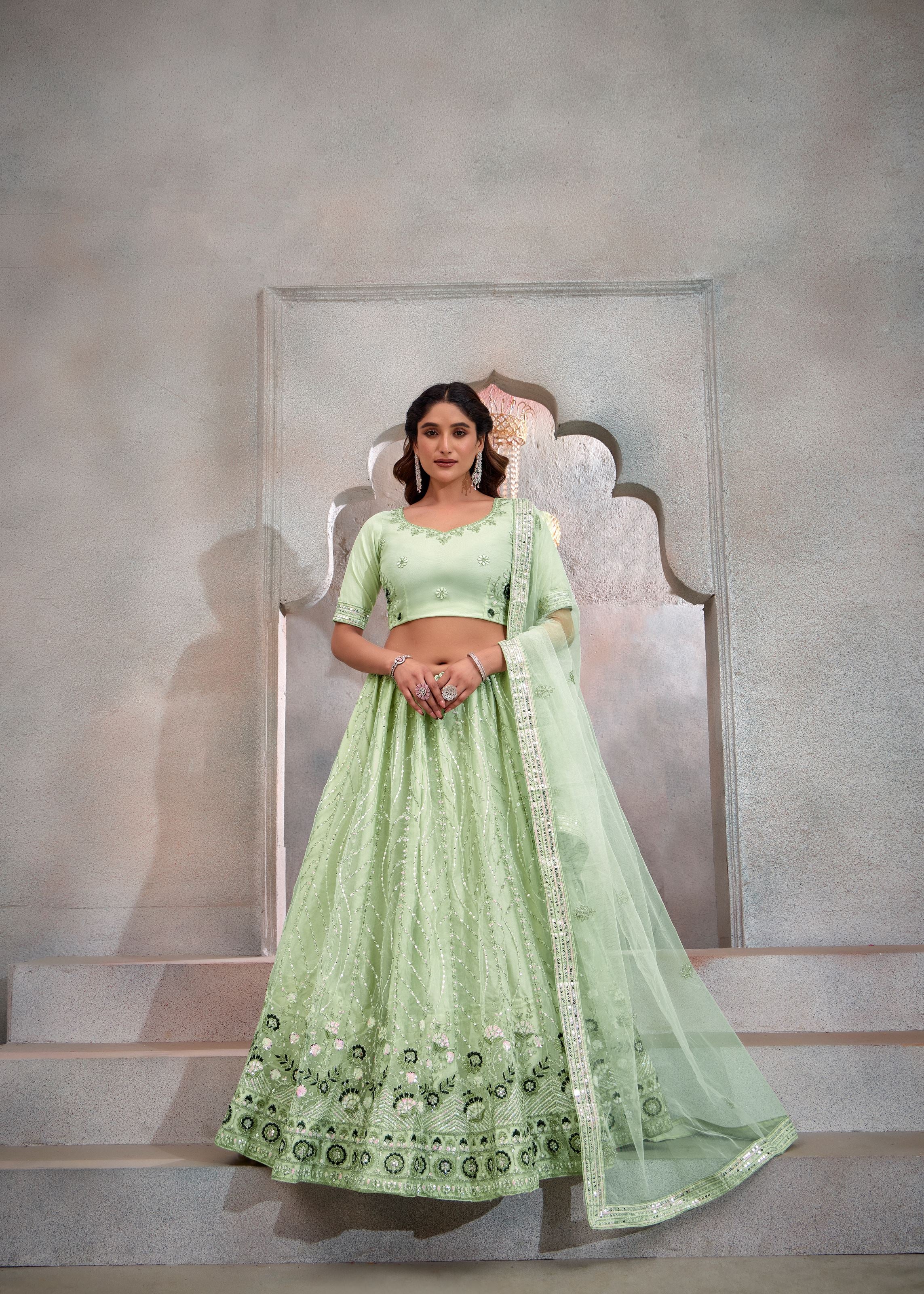 Pista Lehenga Choli With Heavy Sequence Embroidered