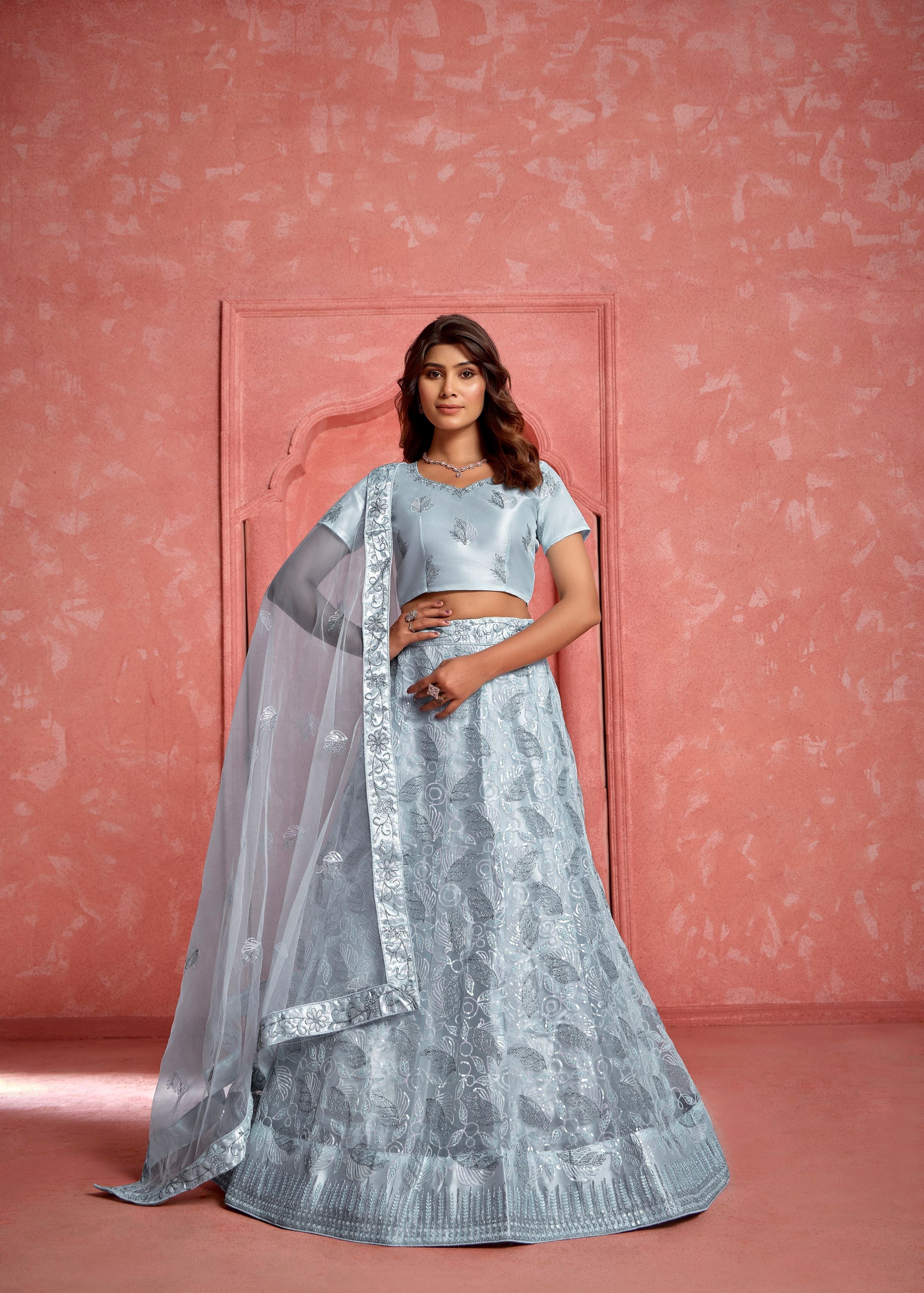 Light Grey Net Lehenga with Sequence Thread Work