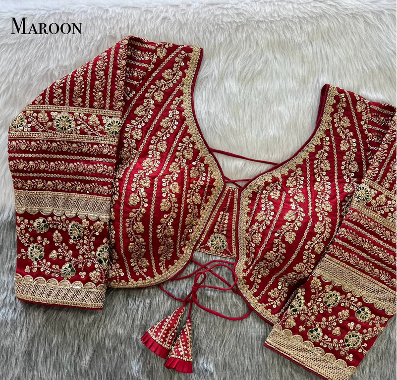 Maroon Beautiful Long Sleeves Backless Bridal Blouse With Embroidery  Sequins Work