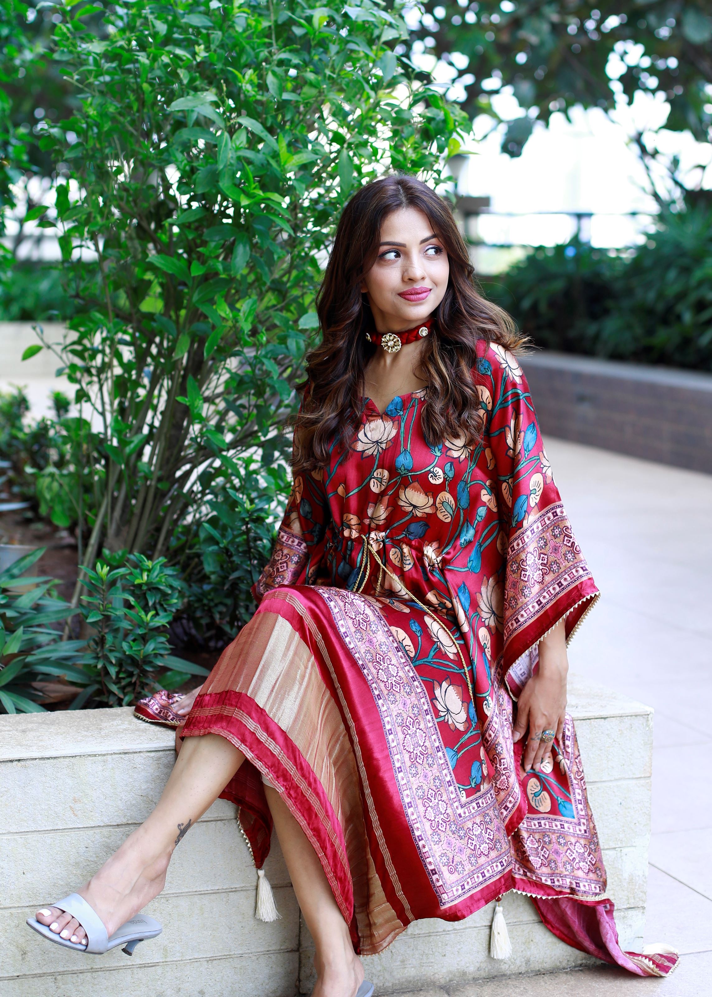 Maroon Color Pure Gaji Silk Kaftan with Gotta Patti  Tassels