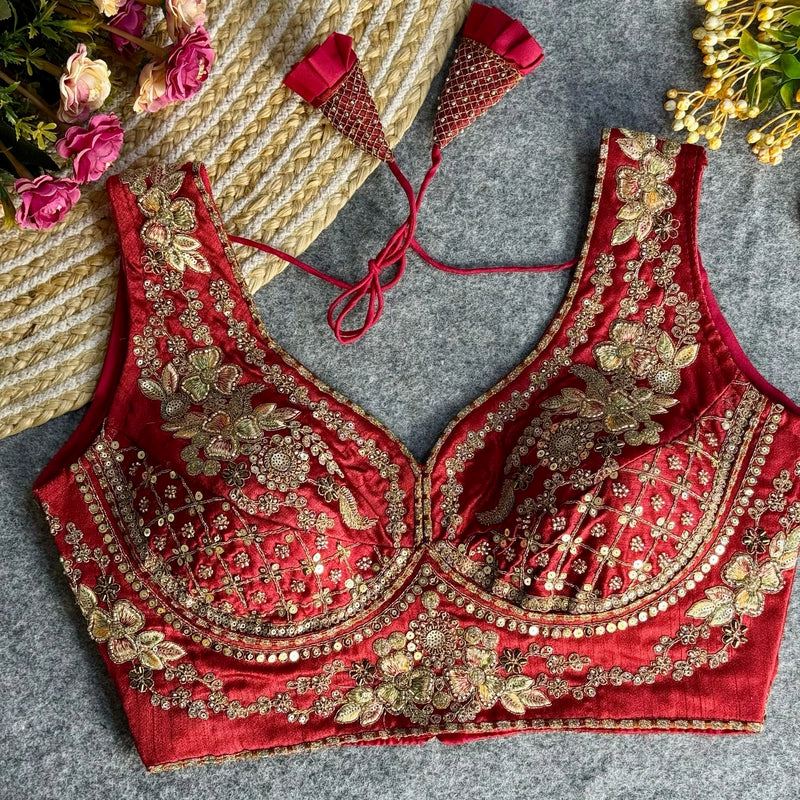 Maroon Elegant Bridal Sabyasachi Blouse with Heavy Work -12"Sleeves Attached