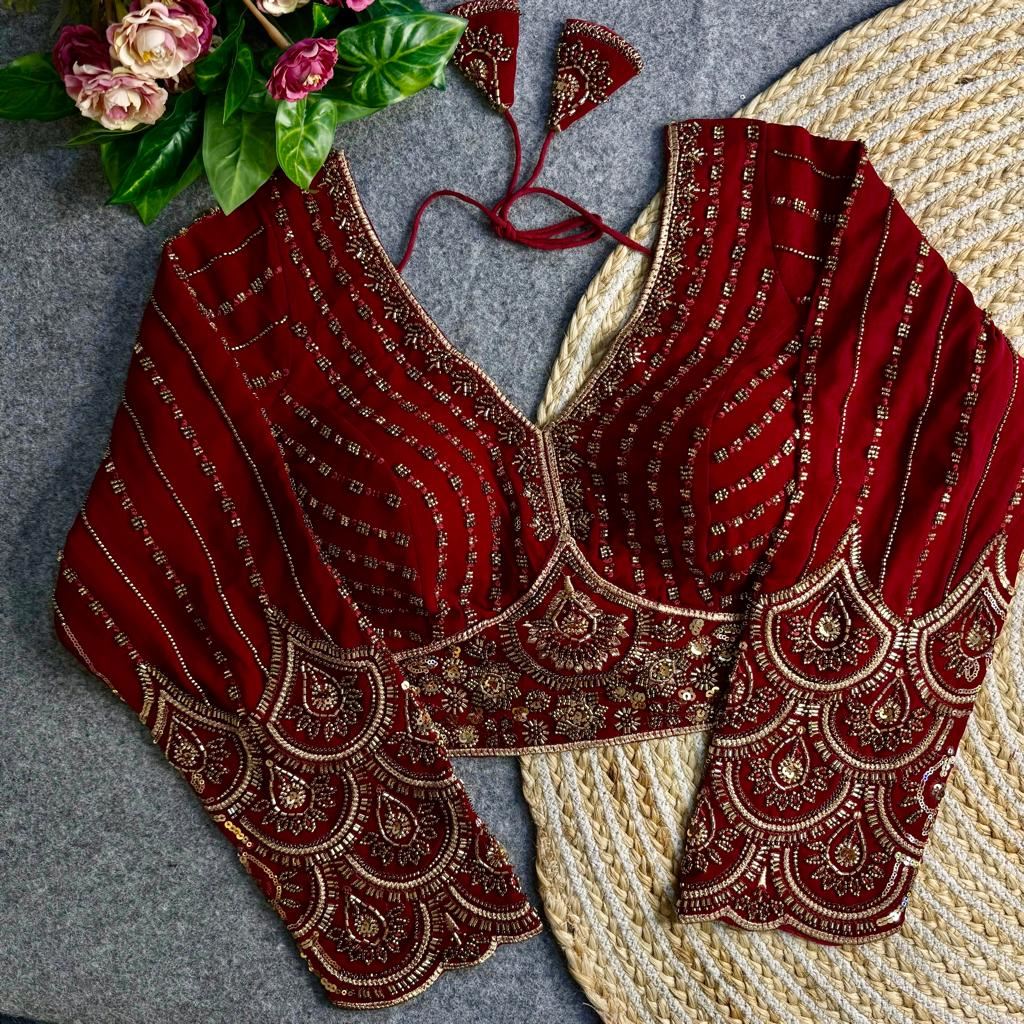 Maroon Georgette Blouse with Heavy Thread Embroidery  Sequins Work
