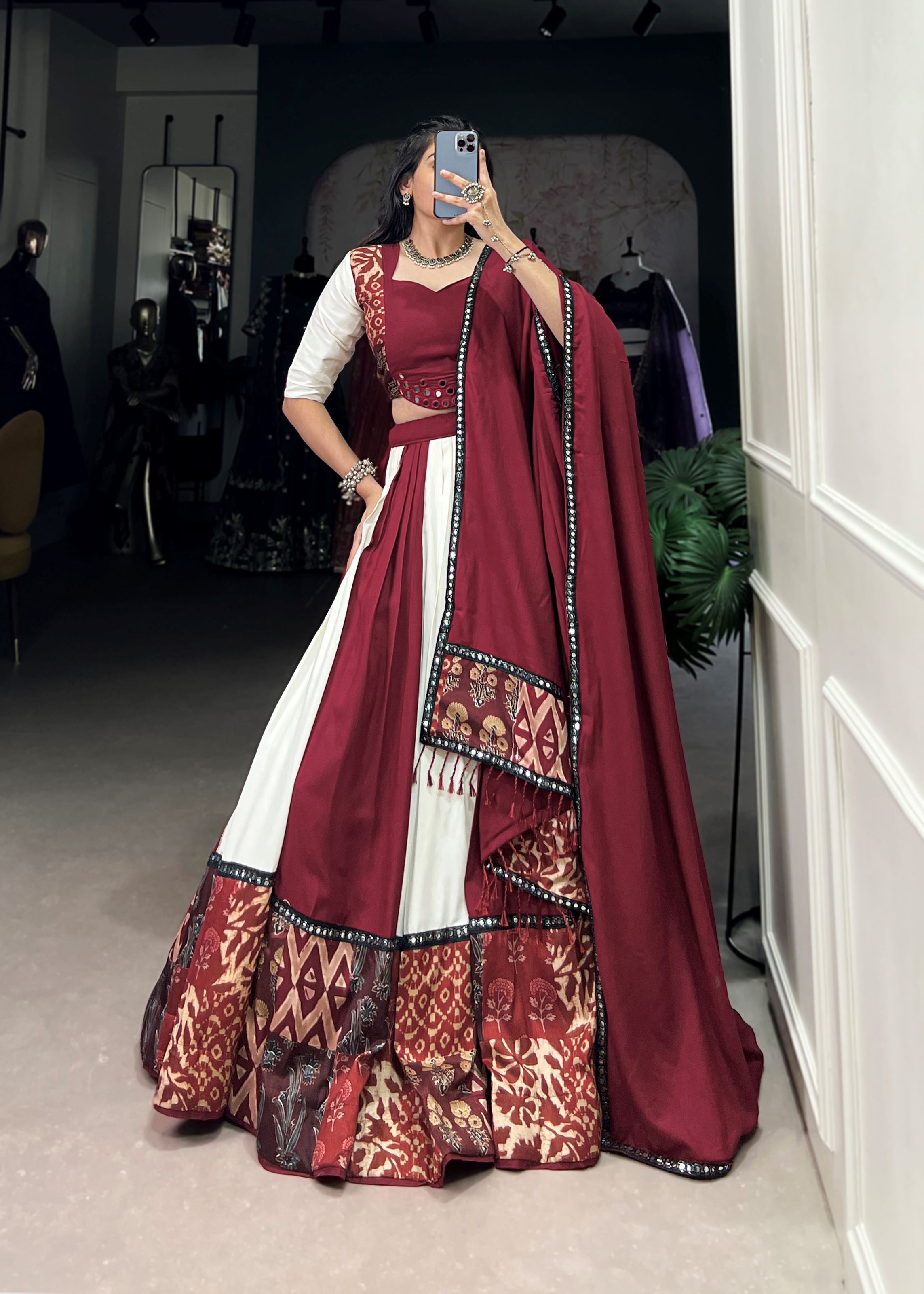 Maroon  Printed  Plain Rayon Lehenga with Mirror Lace and Gota Patti Sparkle