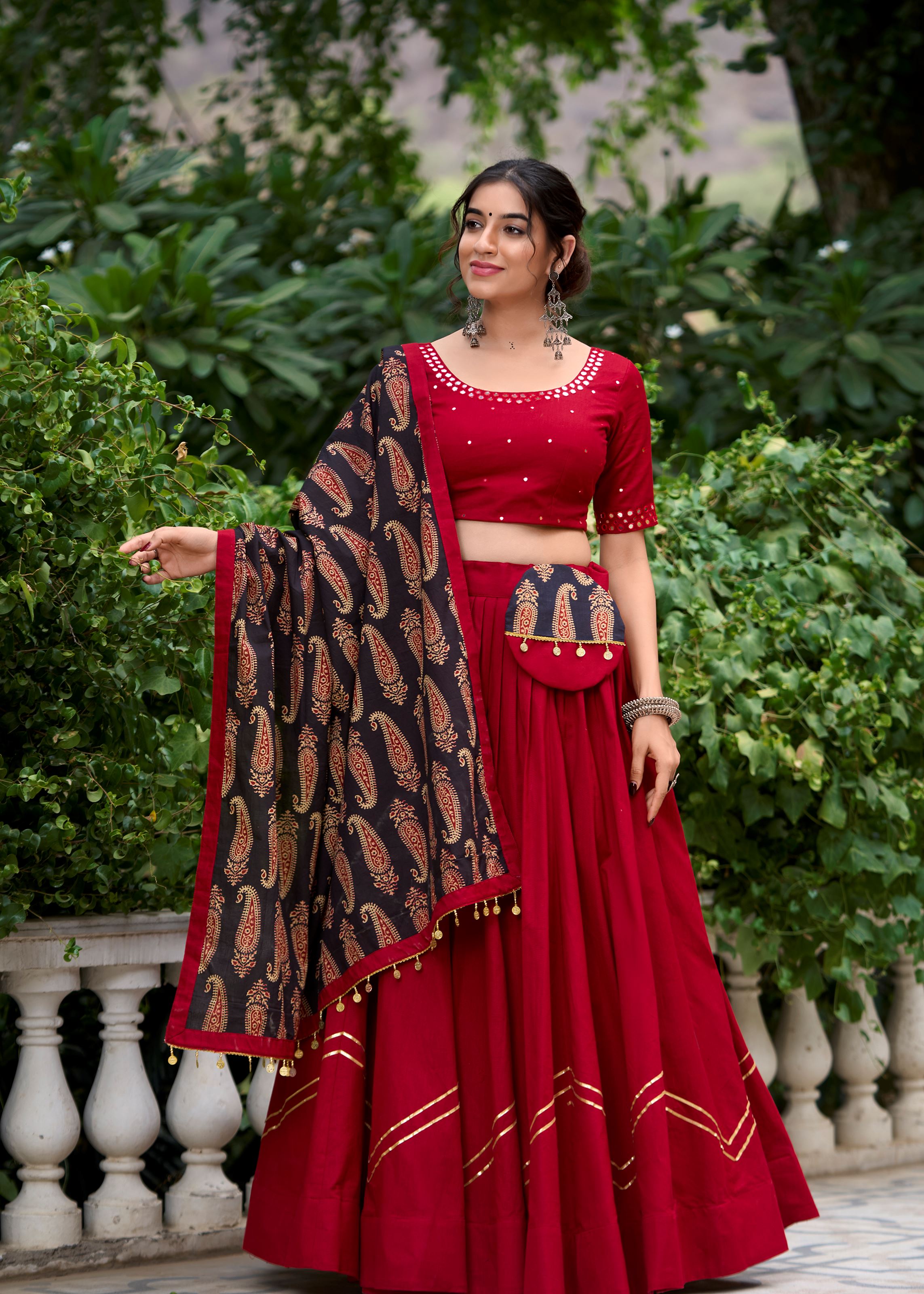 Maroon  Pure Cotton Plain Lehenga Choli Accented with Subtle Gota Patti Elegance