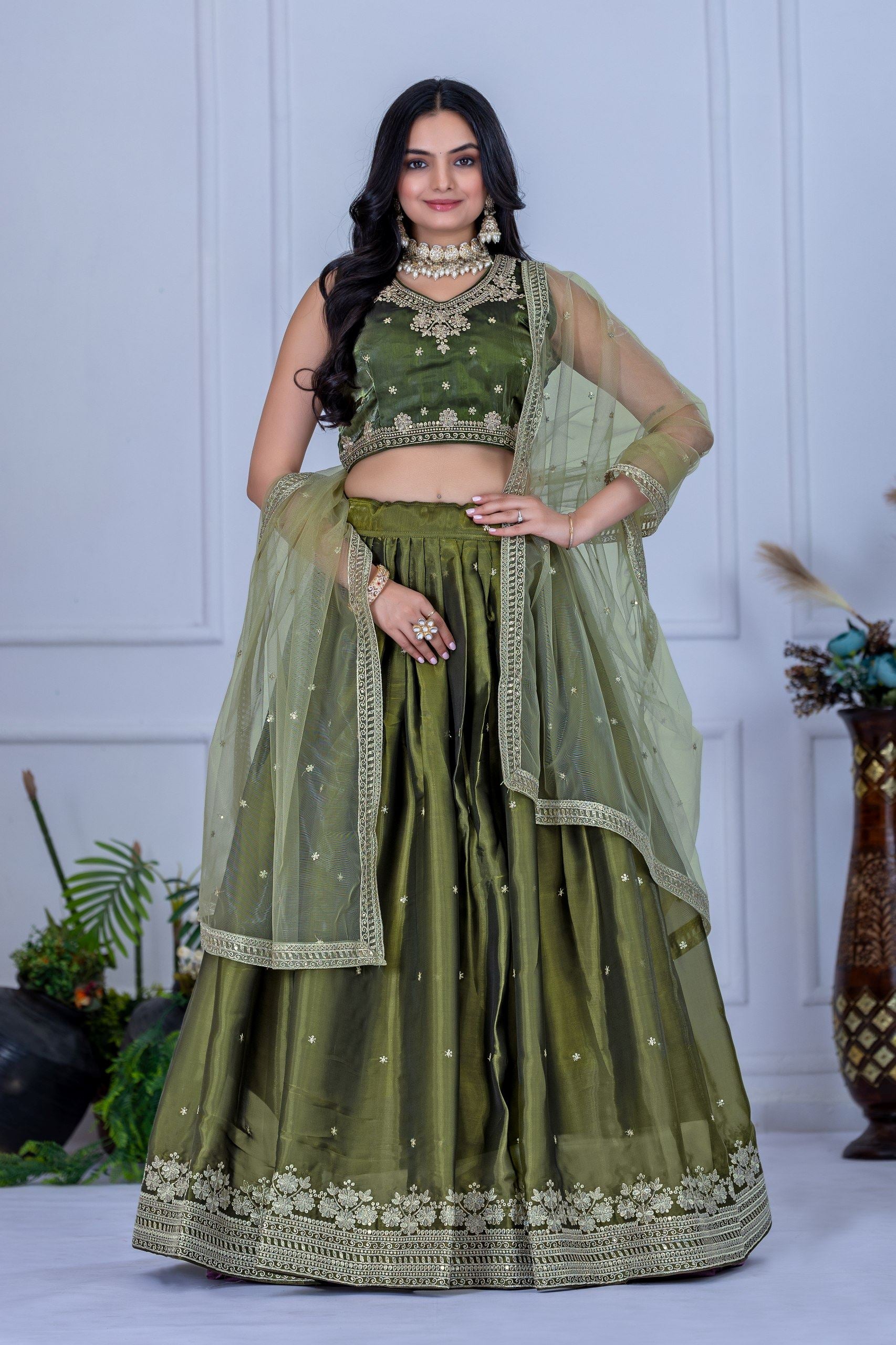 Mehandigreen Lehenga Choli With Embroidery With Zari Thread  Sequence Work