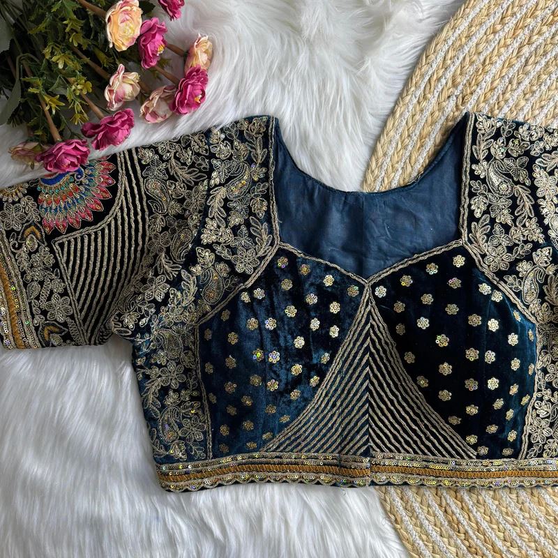 Morepeach Royal Rajwadi Velvet Wedding Blouse with Dulha Dulhan Embroidery