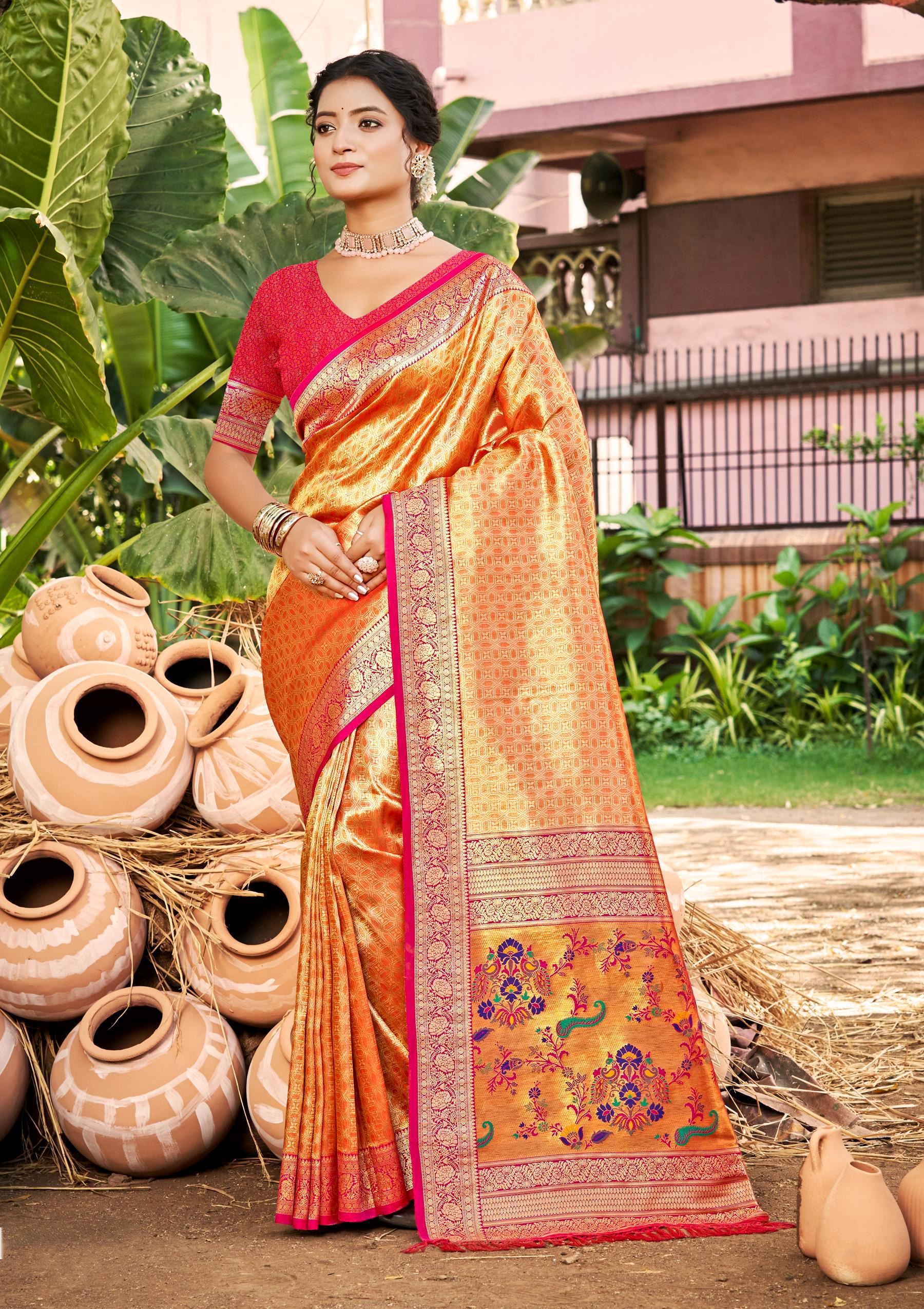 Mustard Multi Color Kanjivaram Silk Saree With Minimalist Elegance and Classy Drape