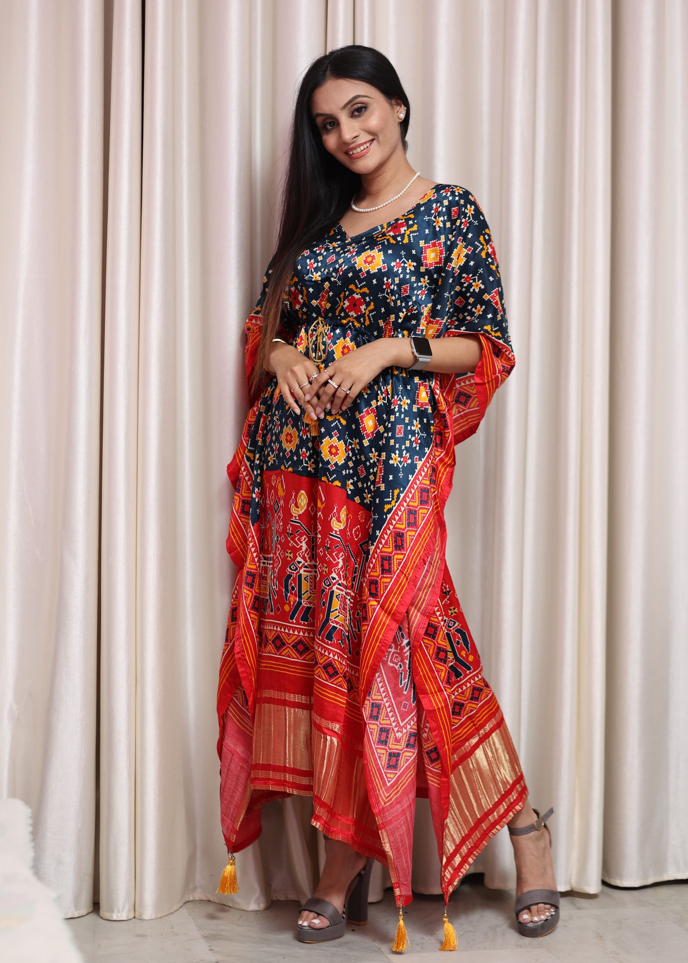 Multi Color Pure Gaji Silk Kaftan with Gotta Patti Tassels
