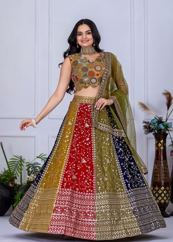 Multicolor Lehenga Choli With Embroidery With Multi Thread  Sequence Work