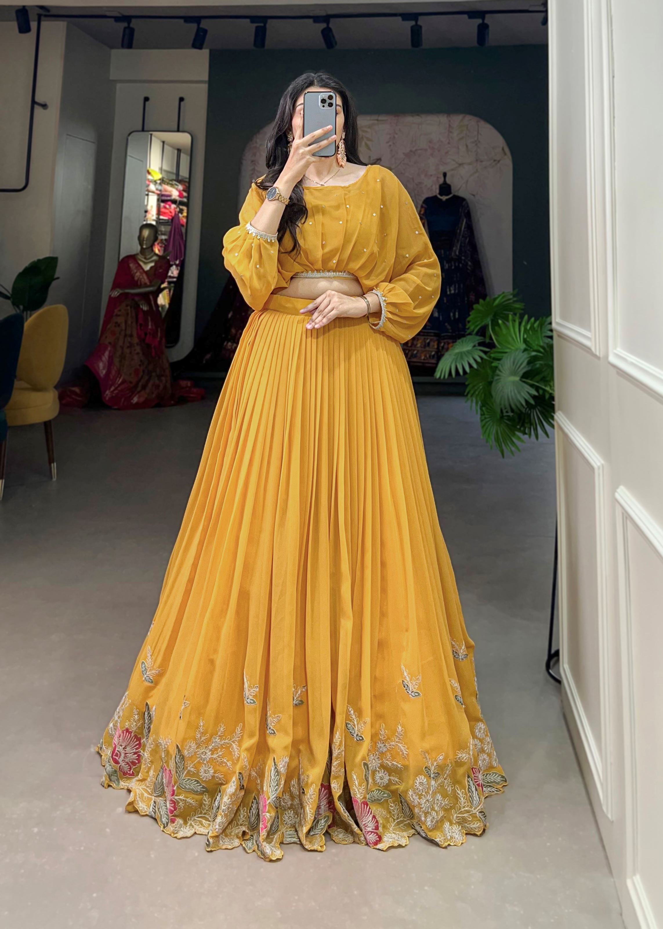 Mustard Georgette Lehenga with Sequin and Thread Detailing Light  Elegant