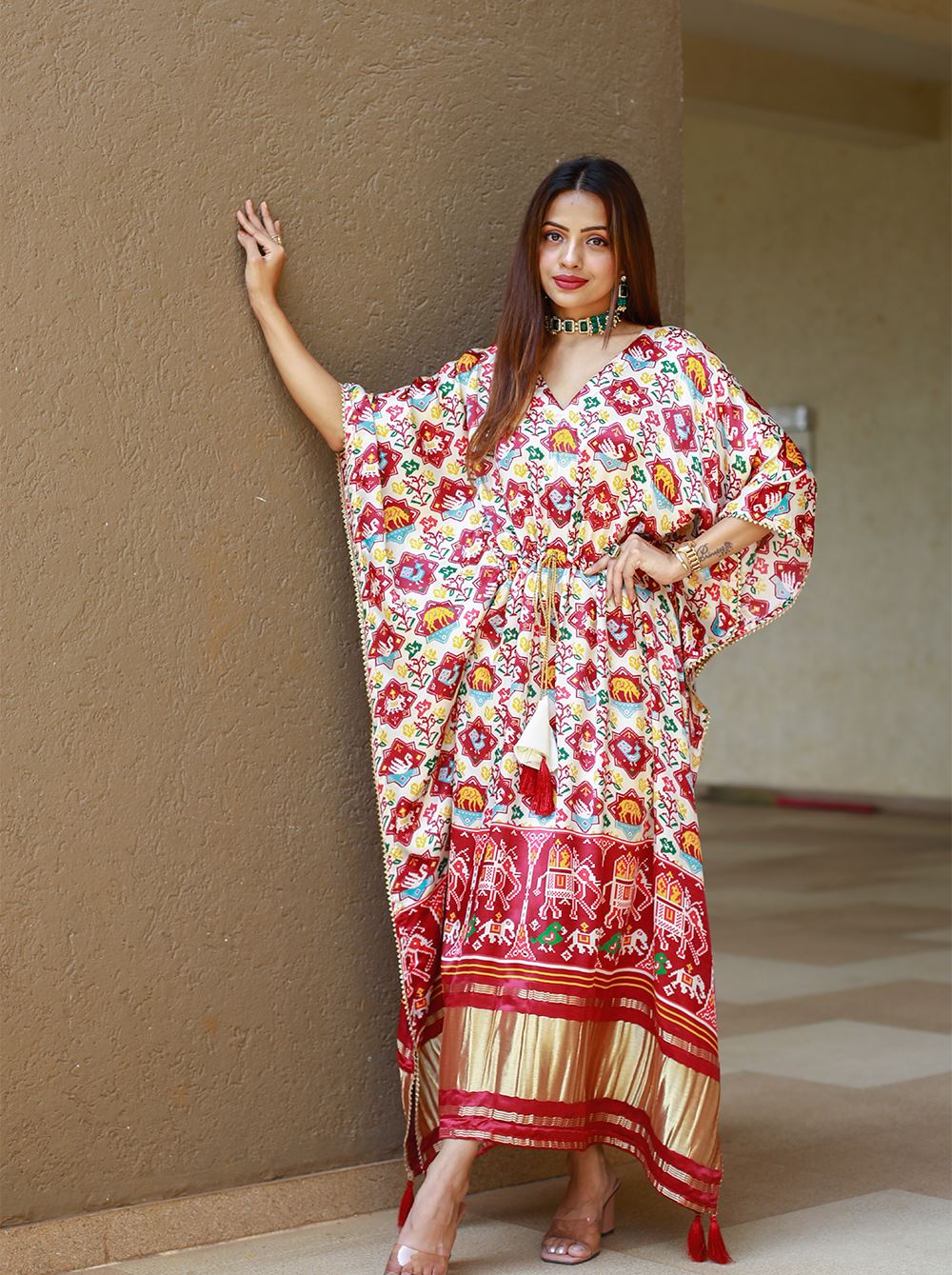Off White Color Pure Gaji Silk Kaftan with Gotta Patti  Tassels