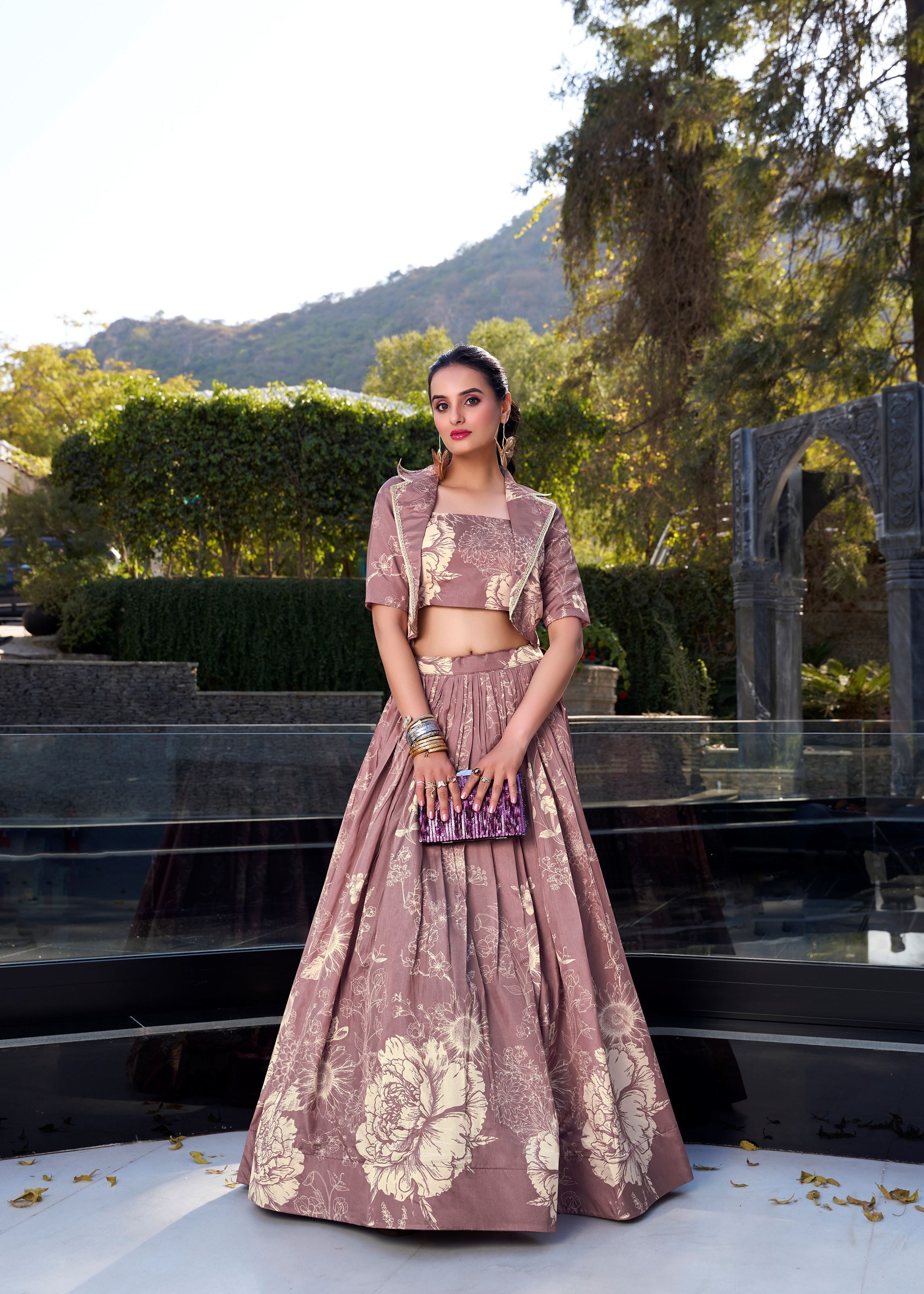 Onion  Grace in Bloom Tussar Silk Floral Print Lehenga