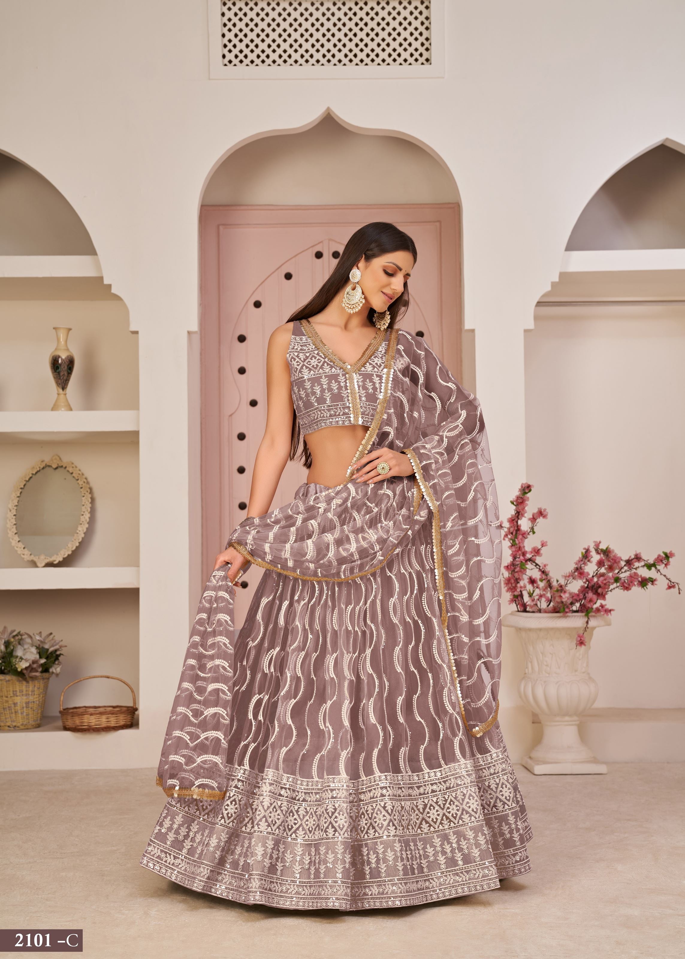 OnionPink Net Lehenga Choli With Thread Embroidery Work