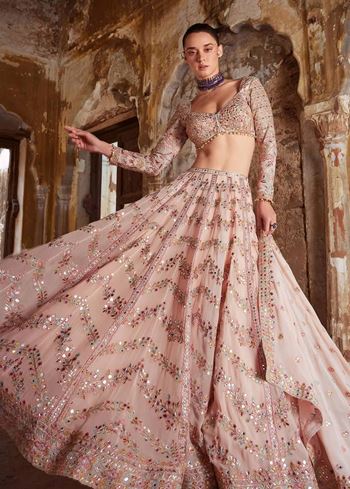Peach Lehenga Choli With Paper Mirror  Zari  Thread Work