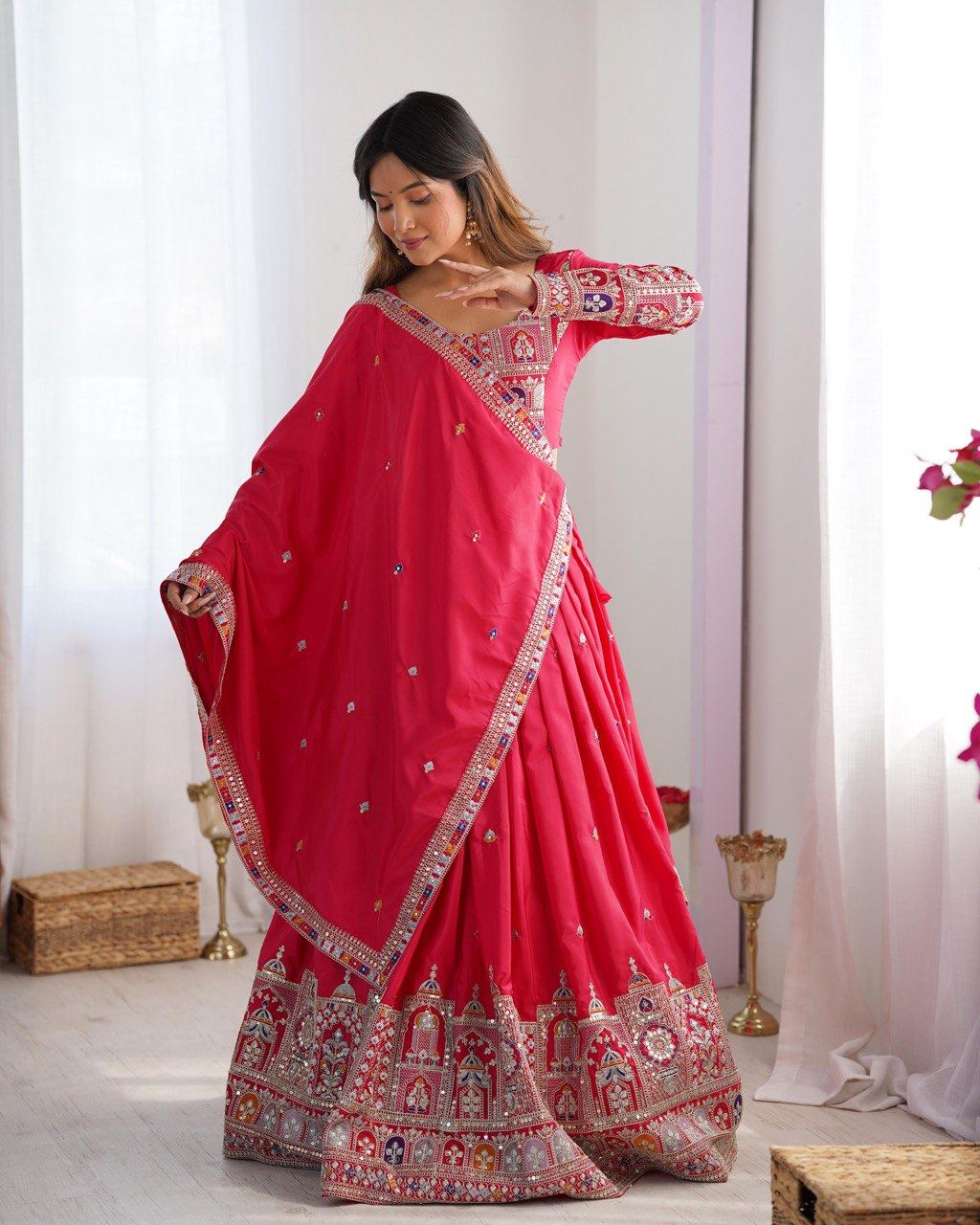 Pink Lehenga Choli With Coding Dori With Thread  Sequnce Work