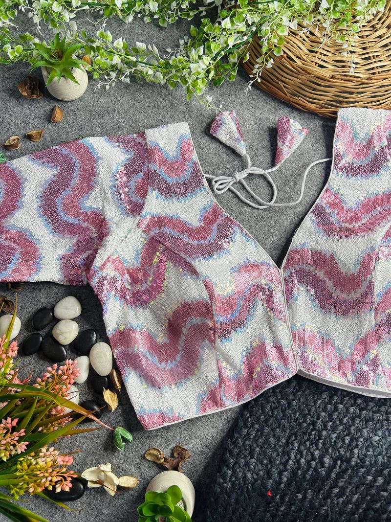 Pink Multi Sequin Magic – V-Neck Designer Blouse