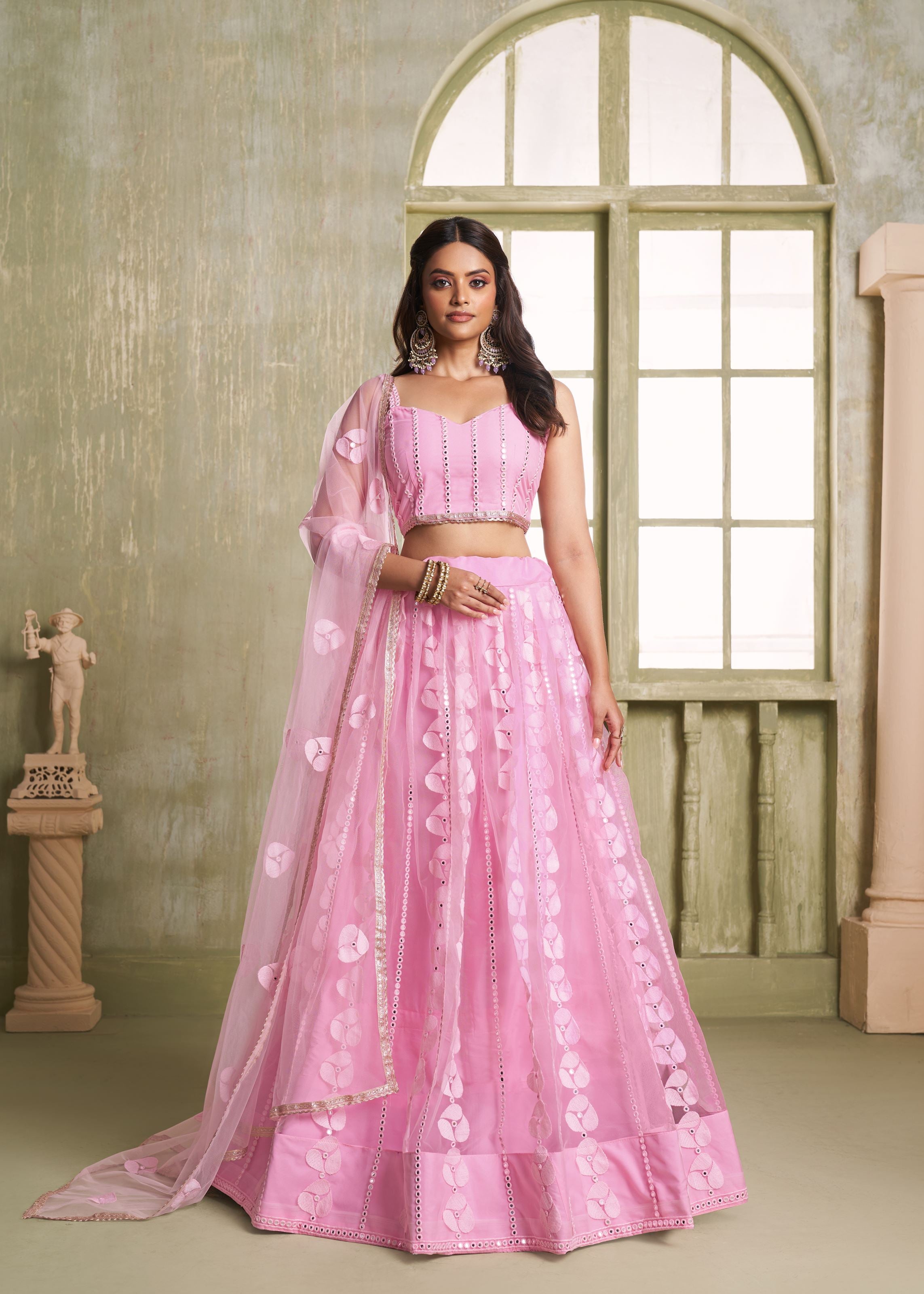 Pink Net Lehenga with Readymade Lace  Tone Zari Work