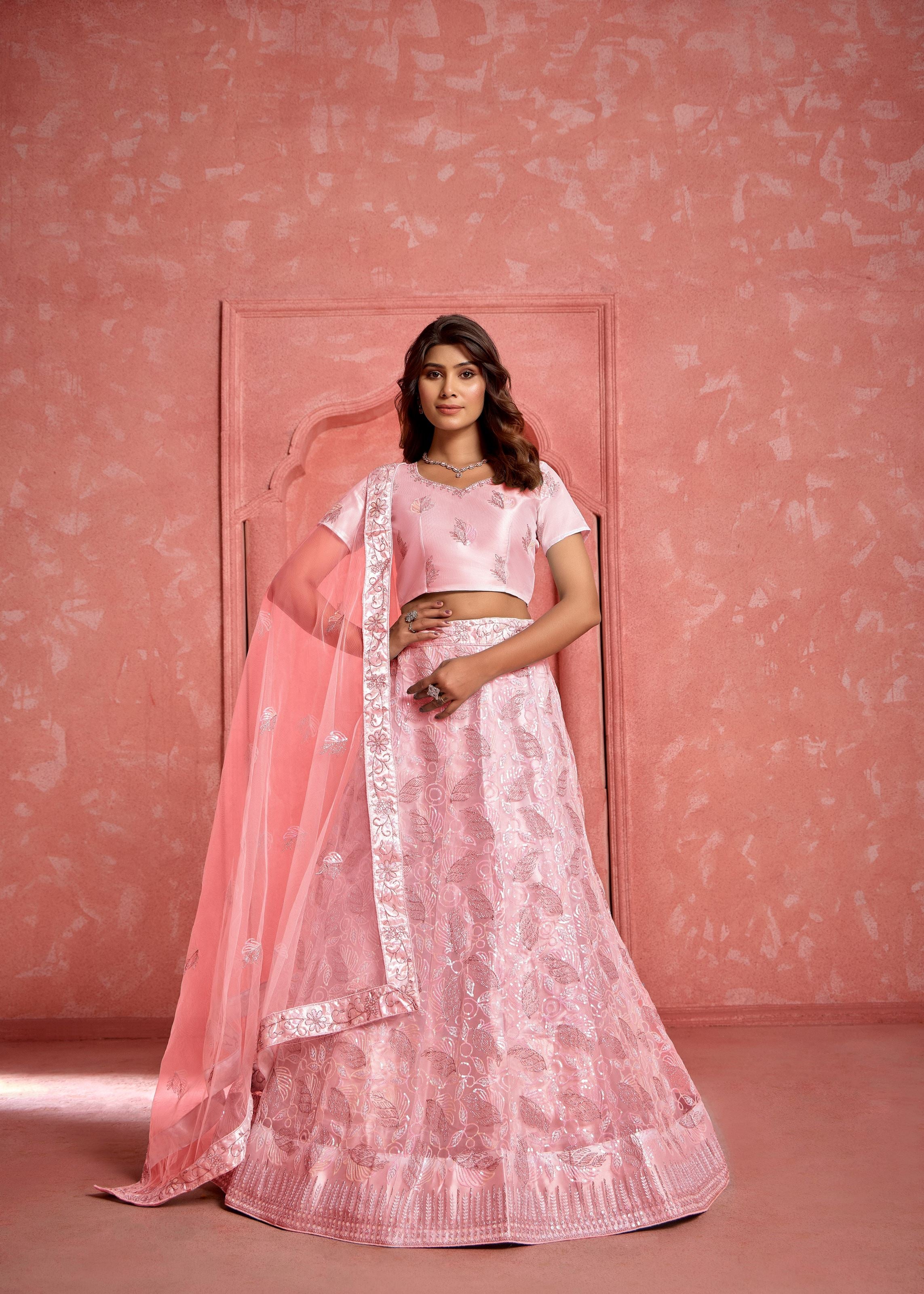 Lipgloss Pink Net Lehenga with Sequence Accents