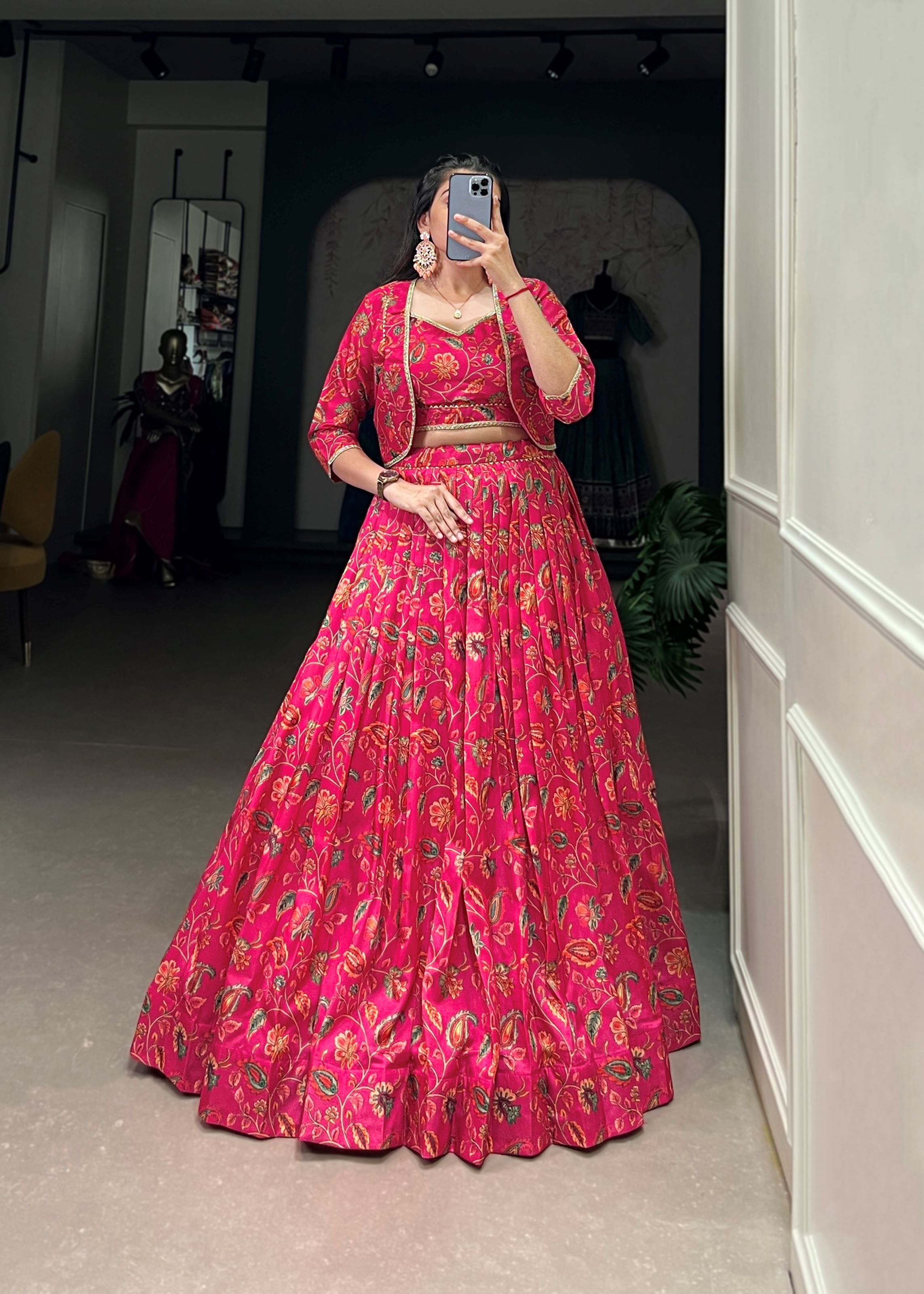 Pink Tussar Silk Lehenga with Delicate Florals  Gota Patti Details