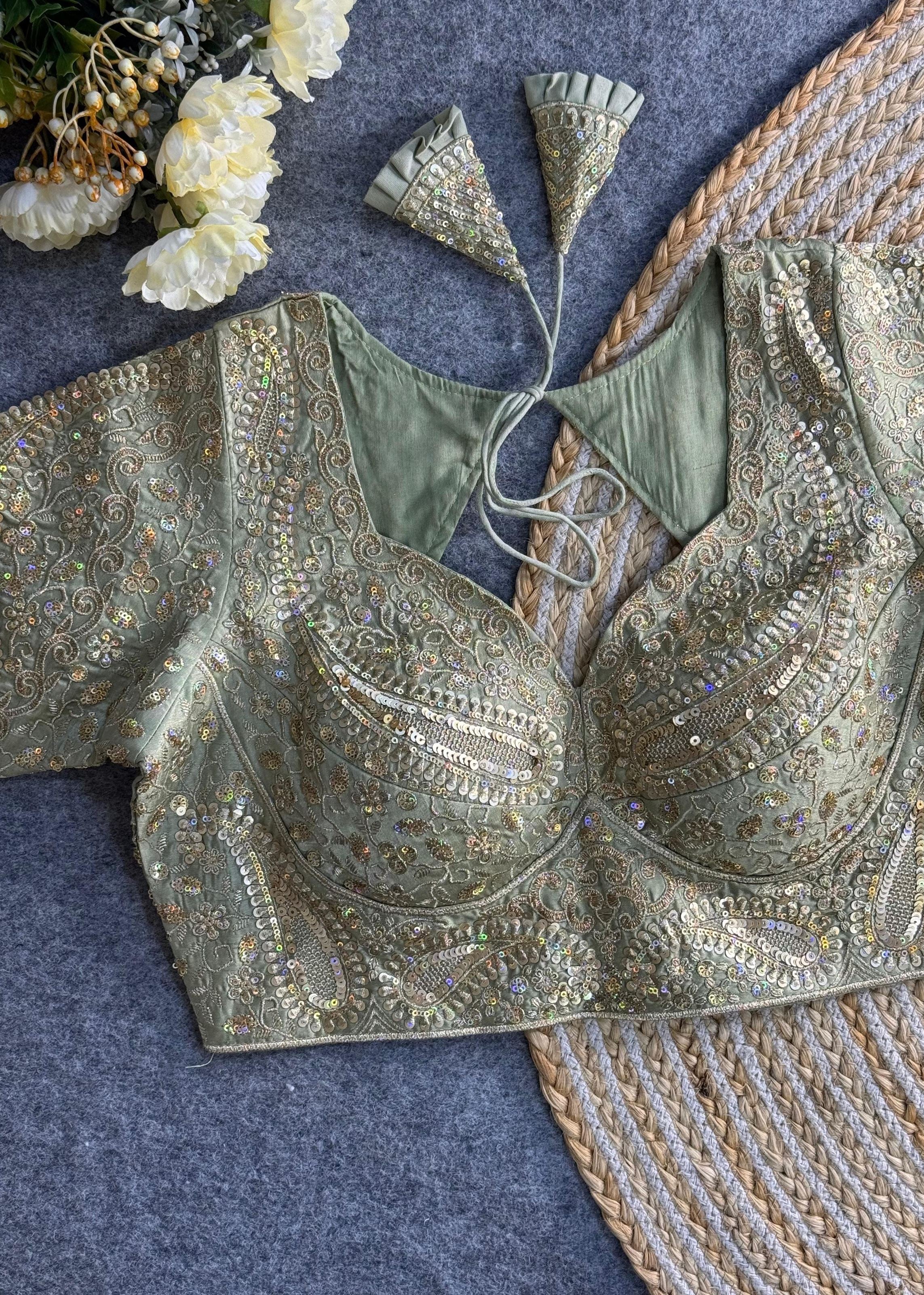 Pista Green Bridal Blouse with Deep V-Neck & Heavy Paisley Embroidery