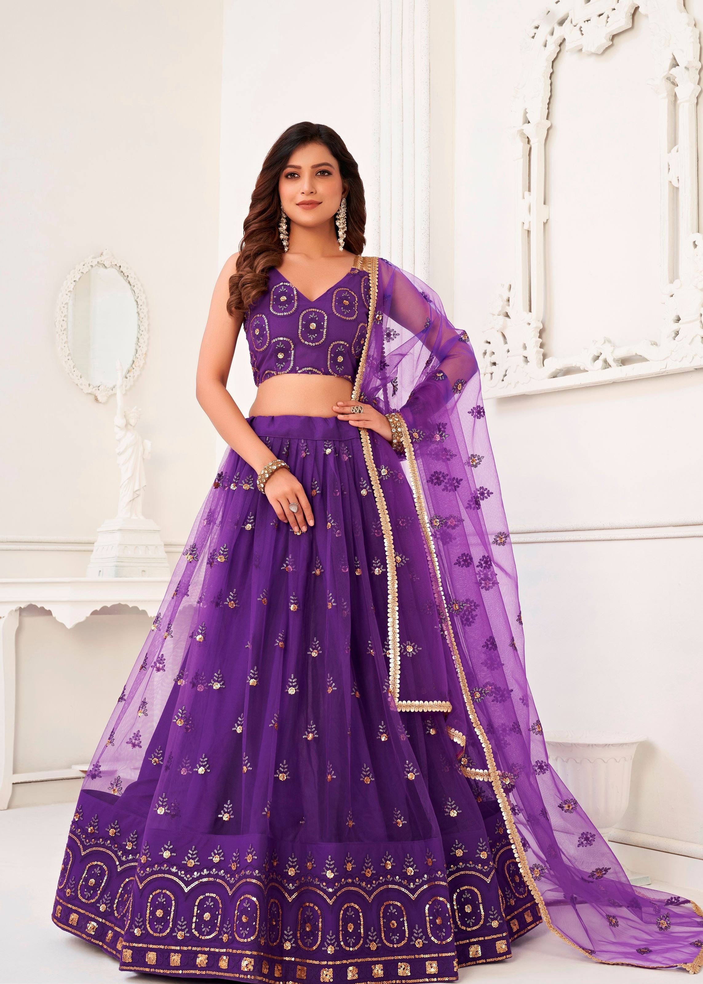 Purple Butterfly Net Lehenga Choli With  Thread And Zari Sandwich Sequence Embroidery Work