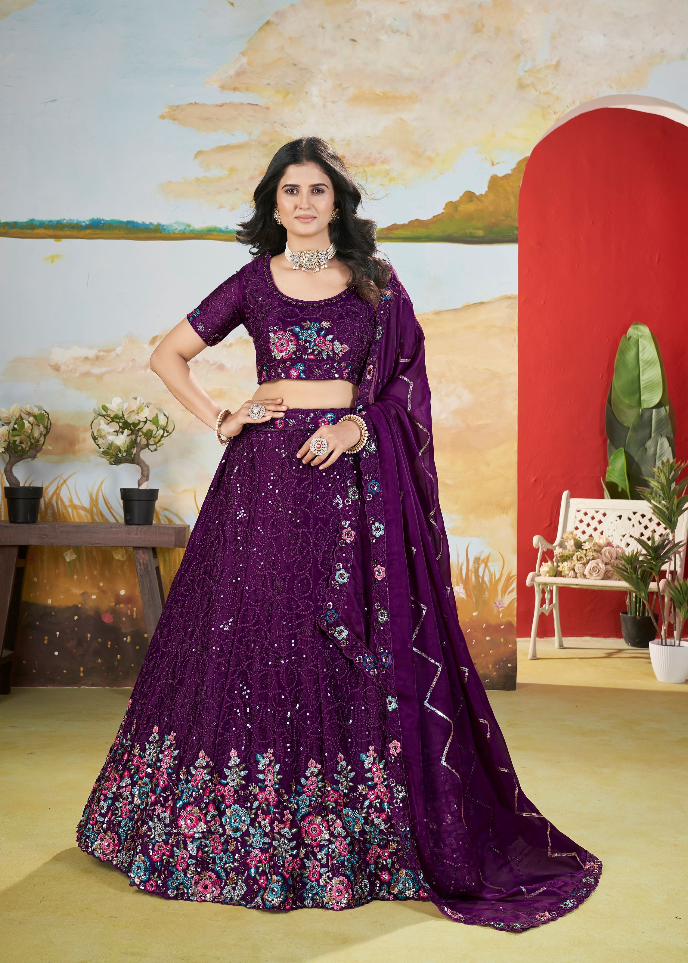 Purple Chinnon Lehenga with Copper Sequin  Floral Threadwork