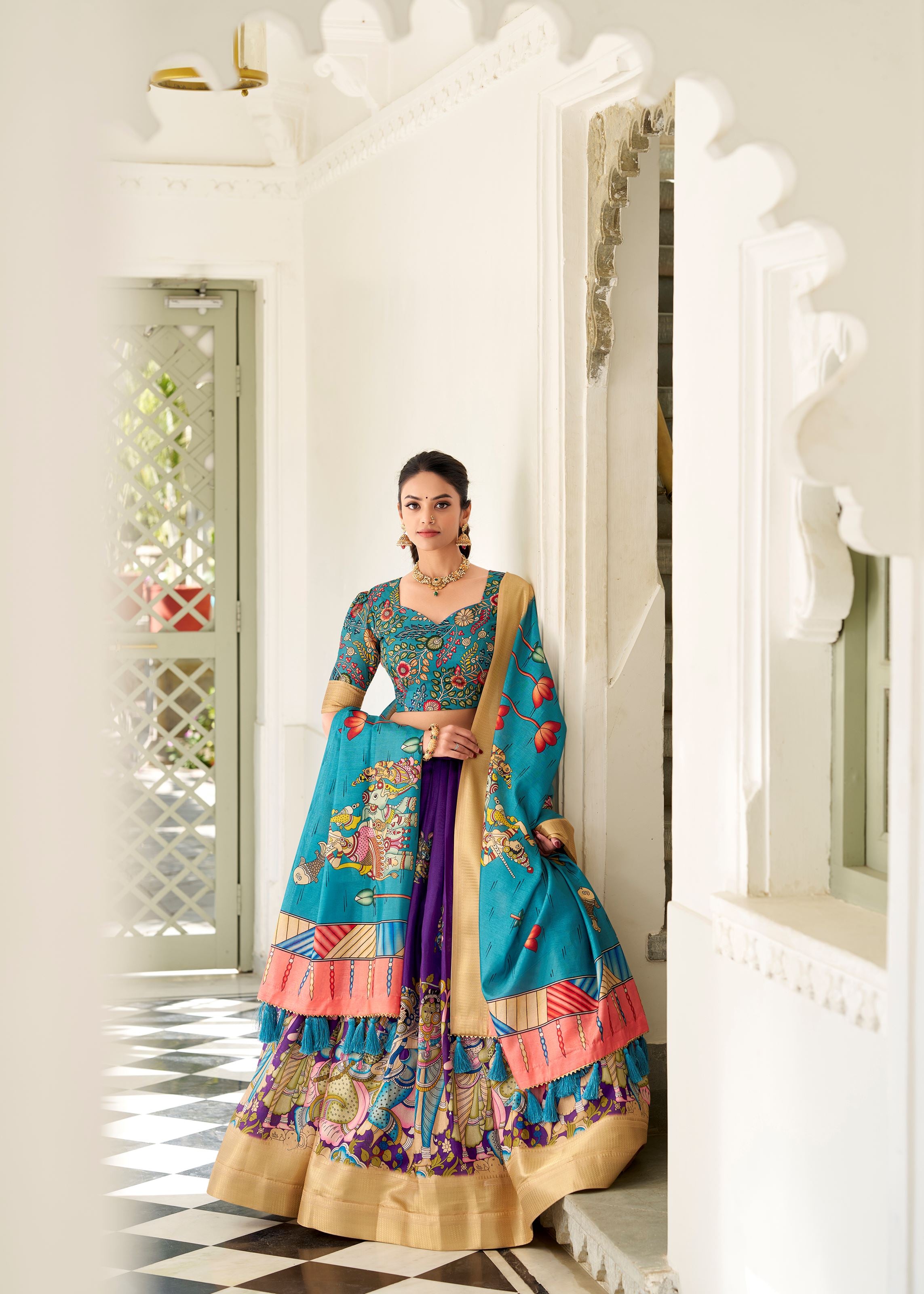 Purple Kalamkari Charm on Luxurious Dola Silk Lehenga with Woven Borders