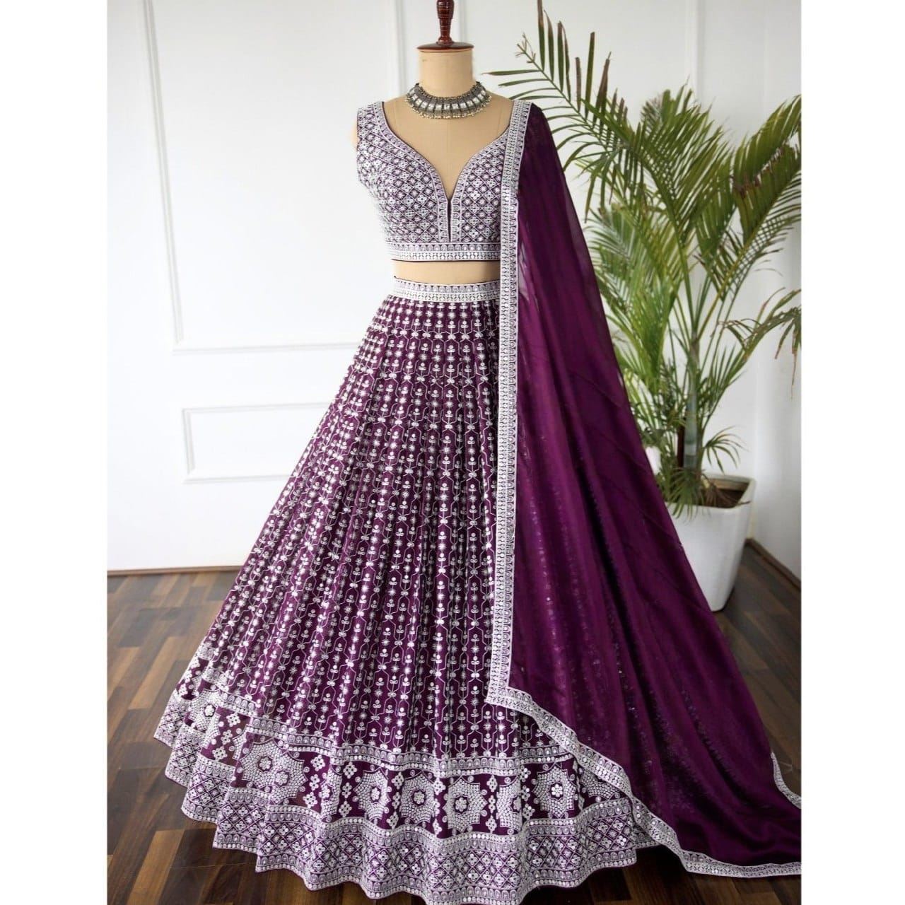 Purple Lehenga Choli With  Sequins With Cotton Thread Embroidery Work