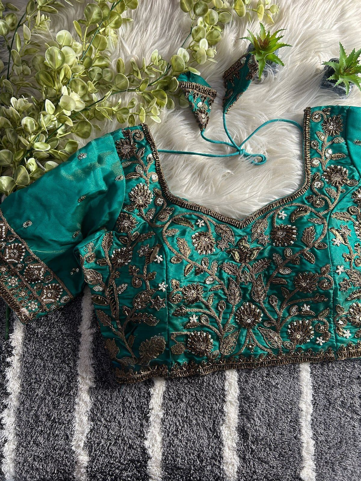 Rama Green Designer Embroidered Silk Blouse with Zari & Sequin Work