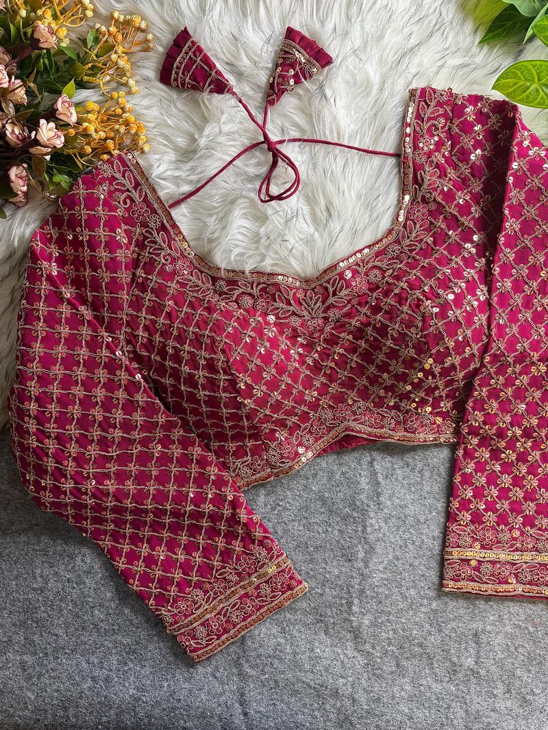 Rani Pink Bridal Blouse with Full Sleeves, U-Neck & Heavy Floral Sequin Work