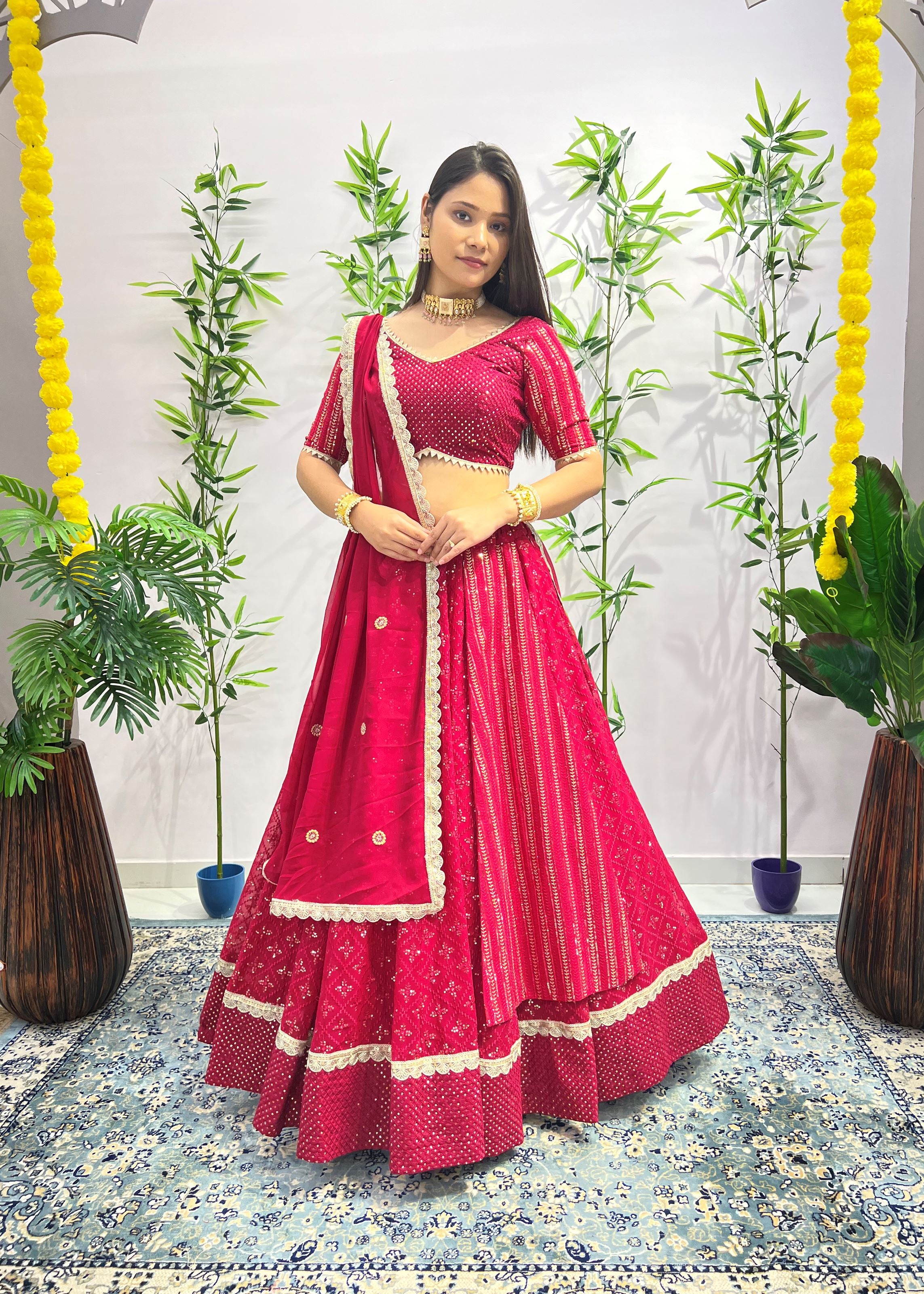 Rani Pink Lehenga Choli With Heavy Embroidery Thread  Sequins Work