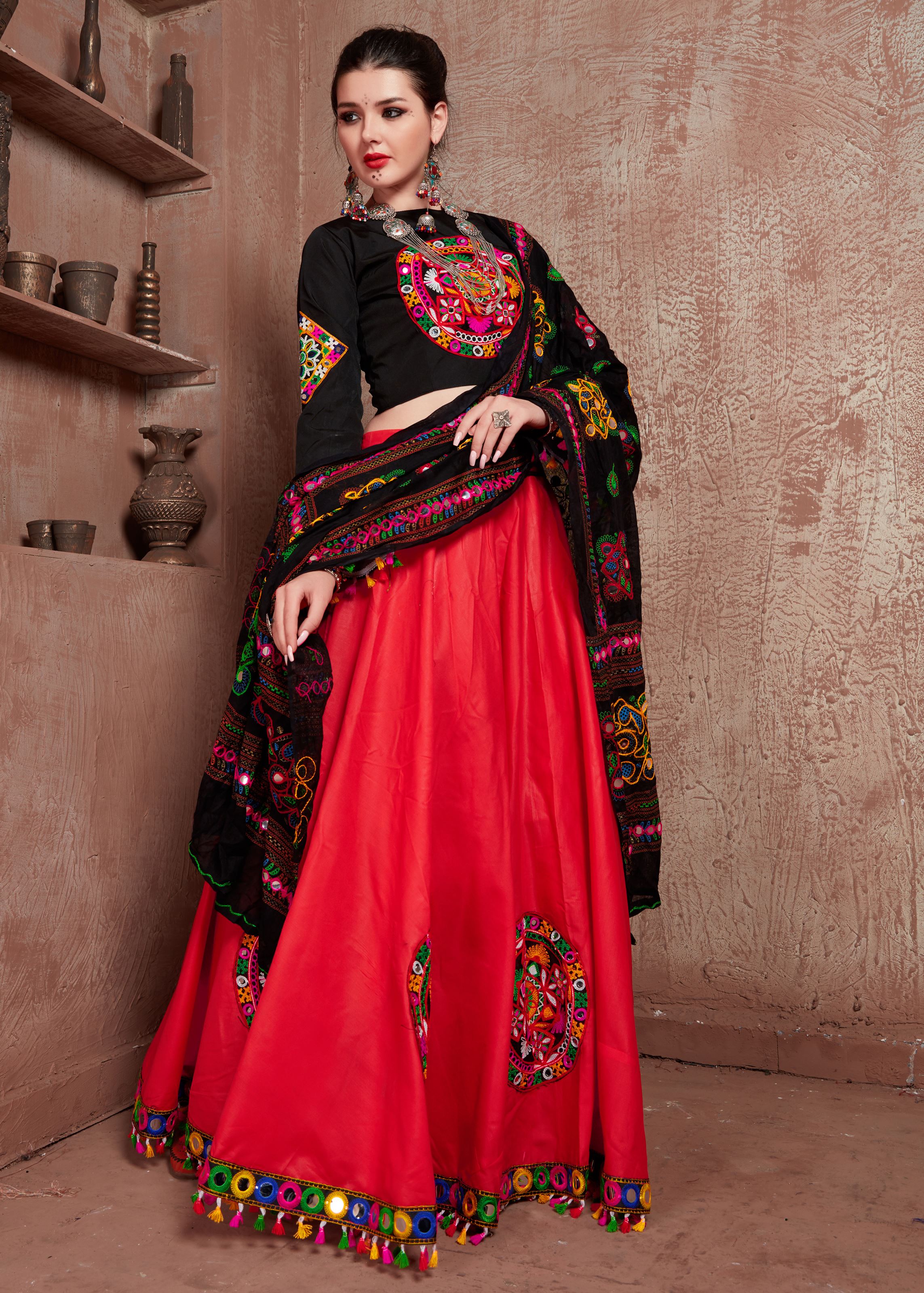 Red And Black Navratri Chaniya Choli With Gamthi Work Butta And  Tassels Lace