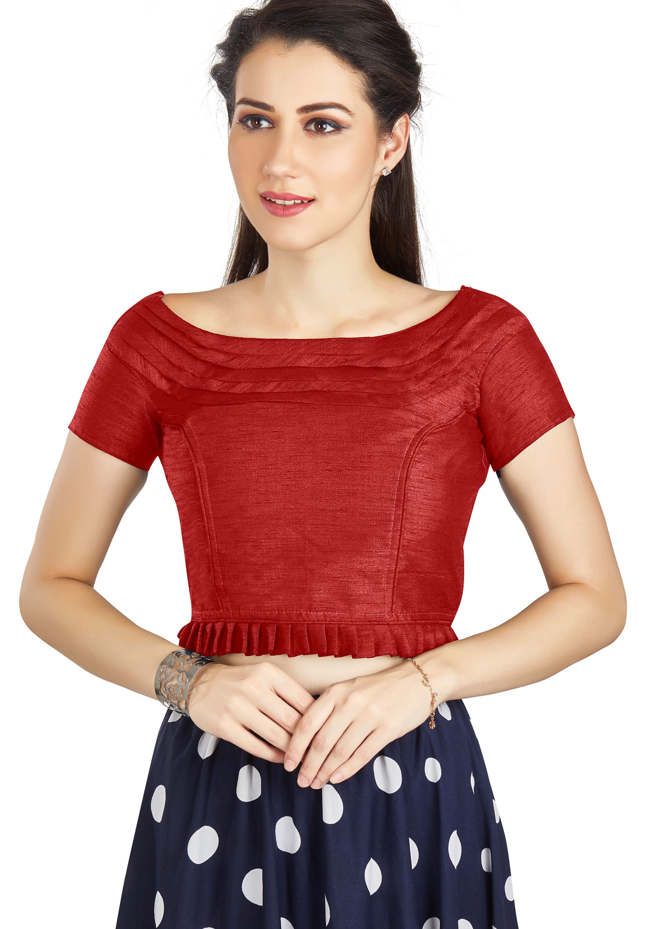 Red Art Silk Pleated Boat Neck  Blouse With Princece Blouse