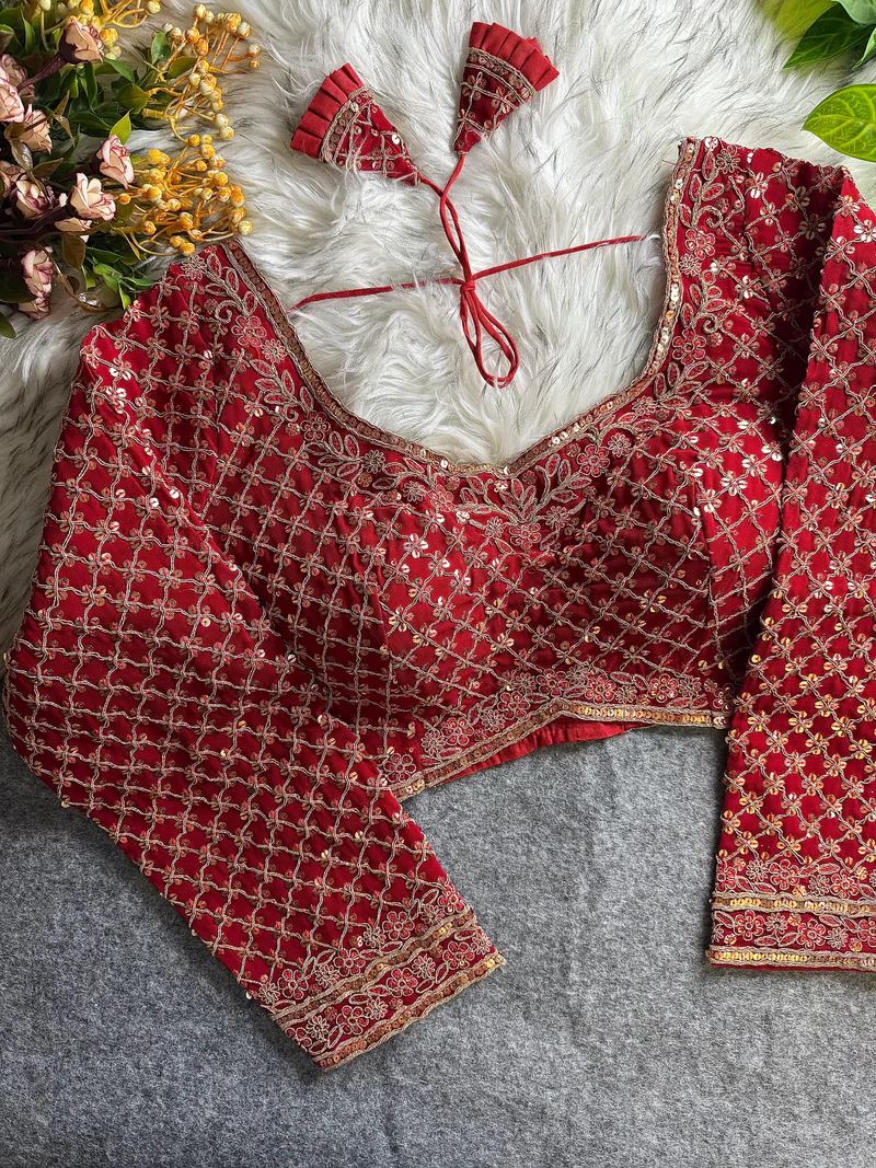 Red Bridal Blouse with Full Sleeves U Neck  Heavy Floral Sequin Work