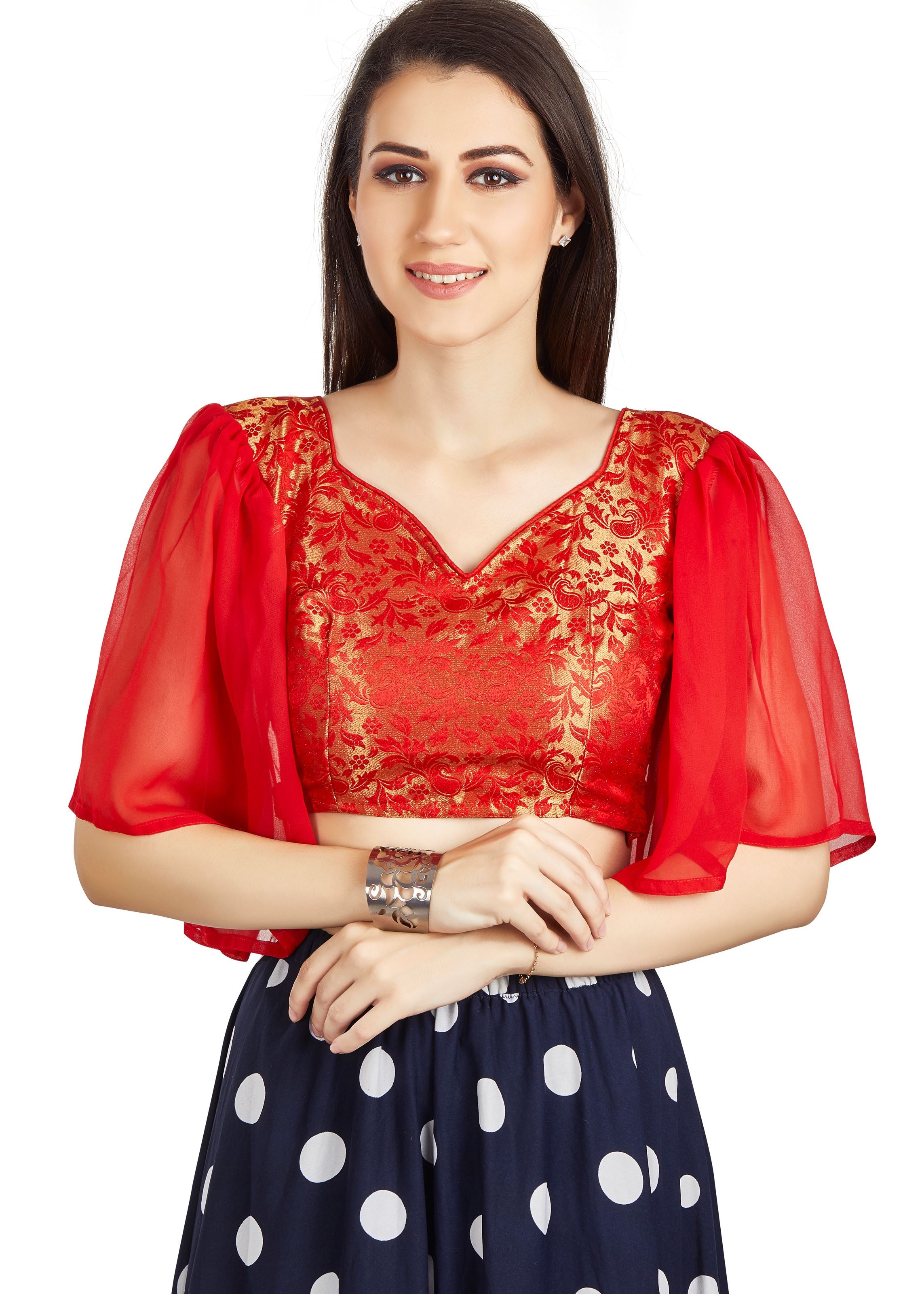 Red Brocade V Neck Blouse With Pletted Frill In Sleev