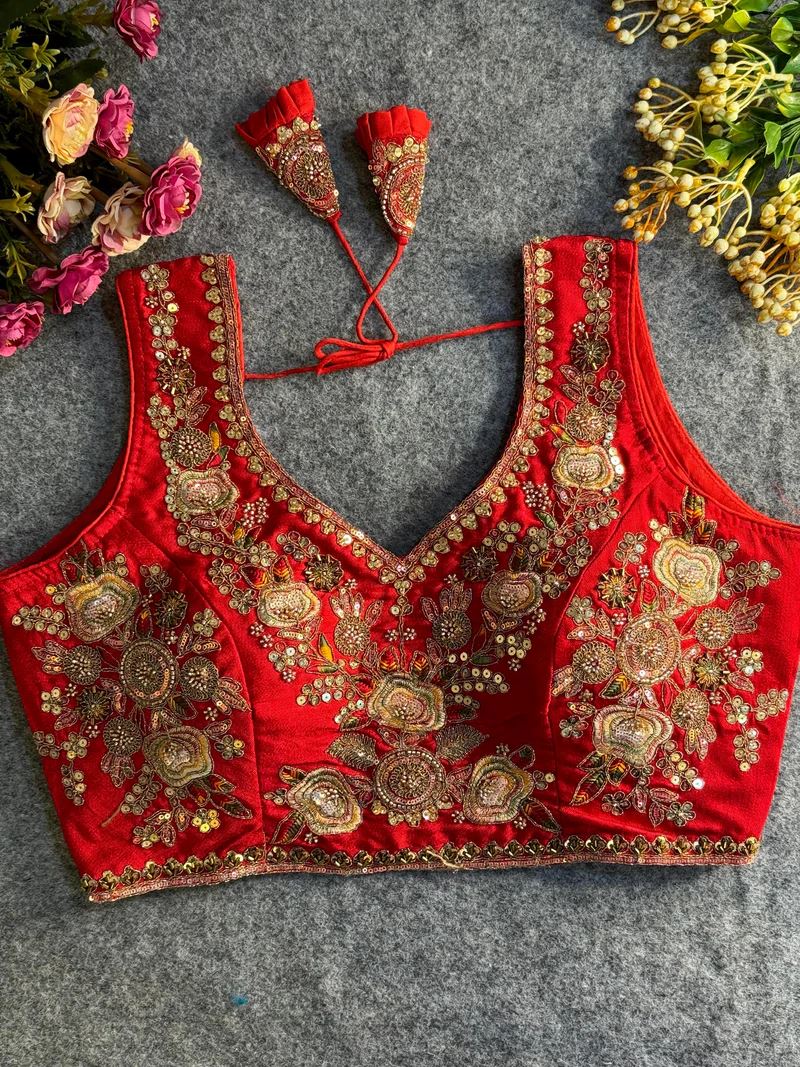 Red Embroidered Blouse with Gold Work & Sleeves attached