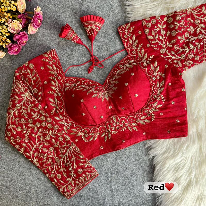Red  Embroidered Blouse with Puff Sleeves & Zari Work