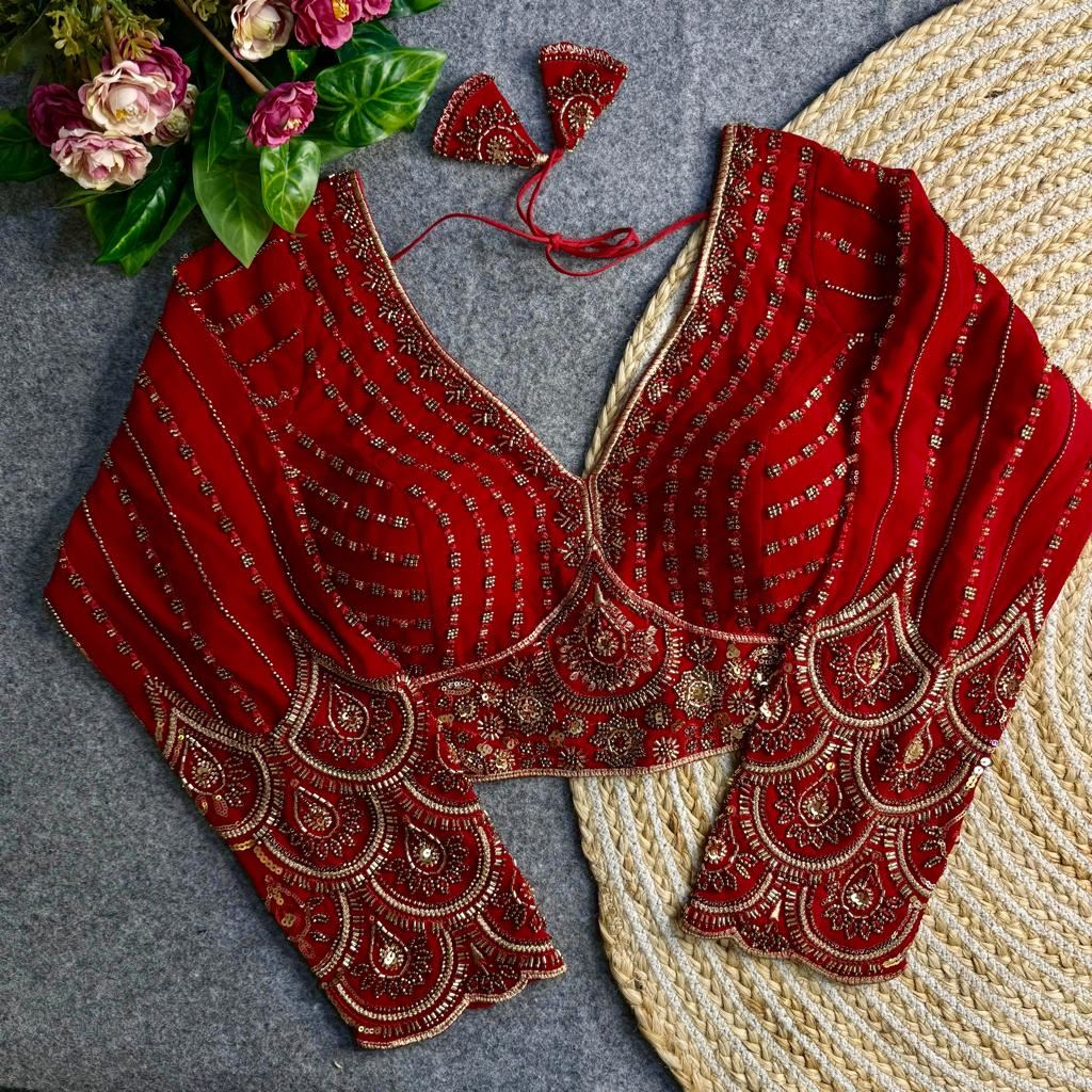 Red Georgette Blouse with Heavy Thread Embroidery  Sequins Work