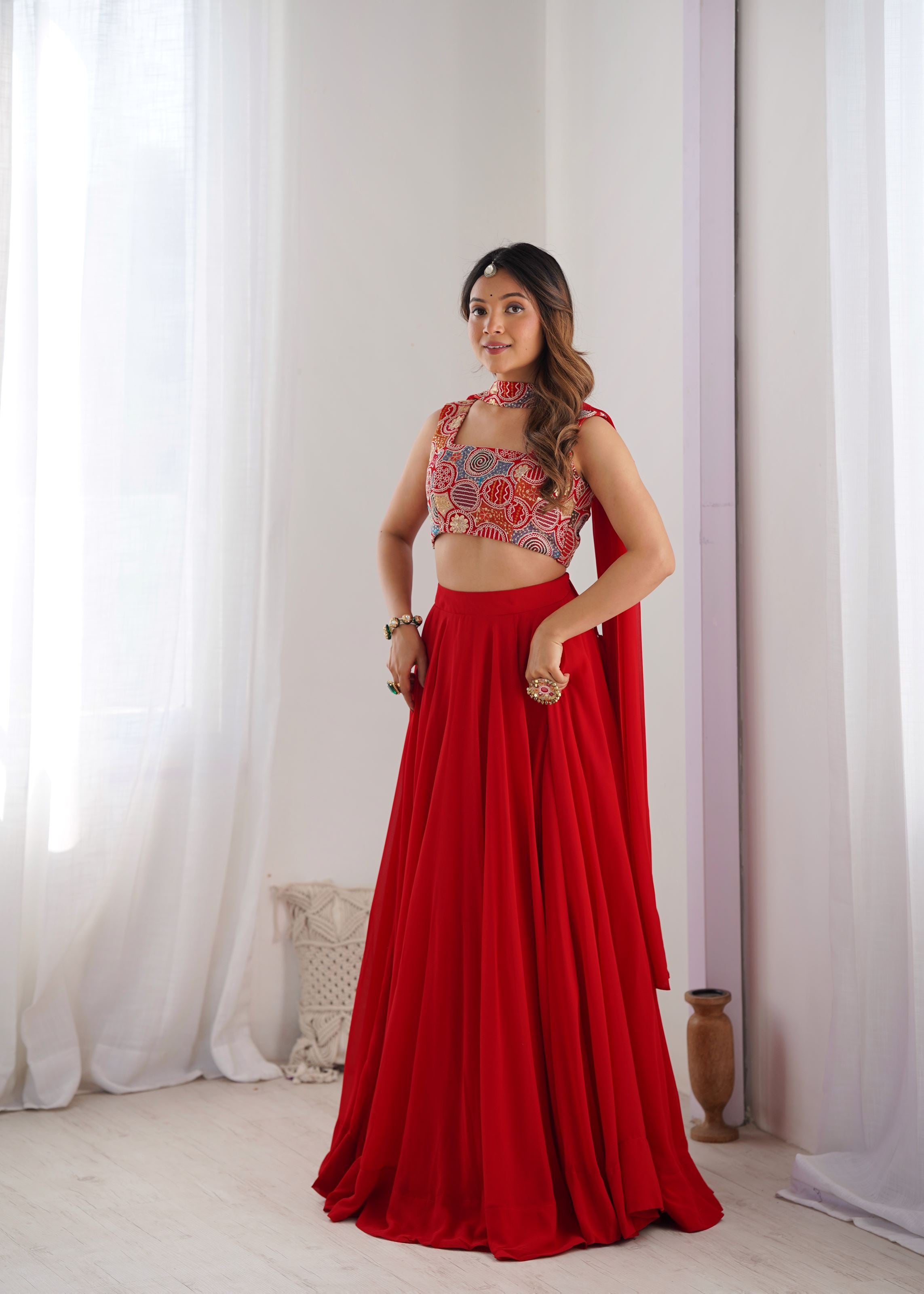 Red Georgette Lehenga with 9 Needle Embroidery  Dori Jari Work