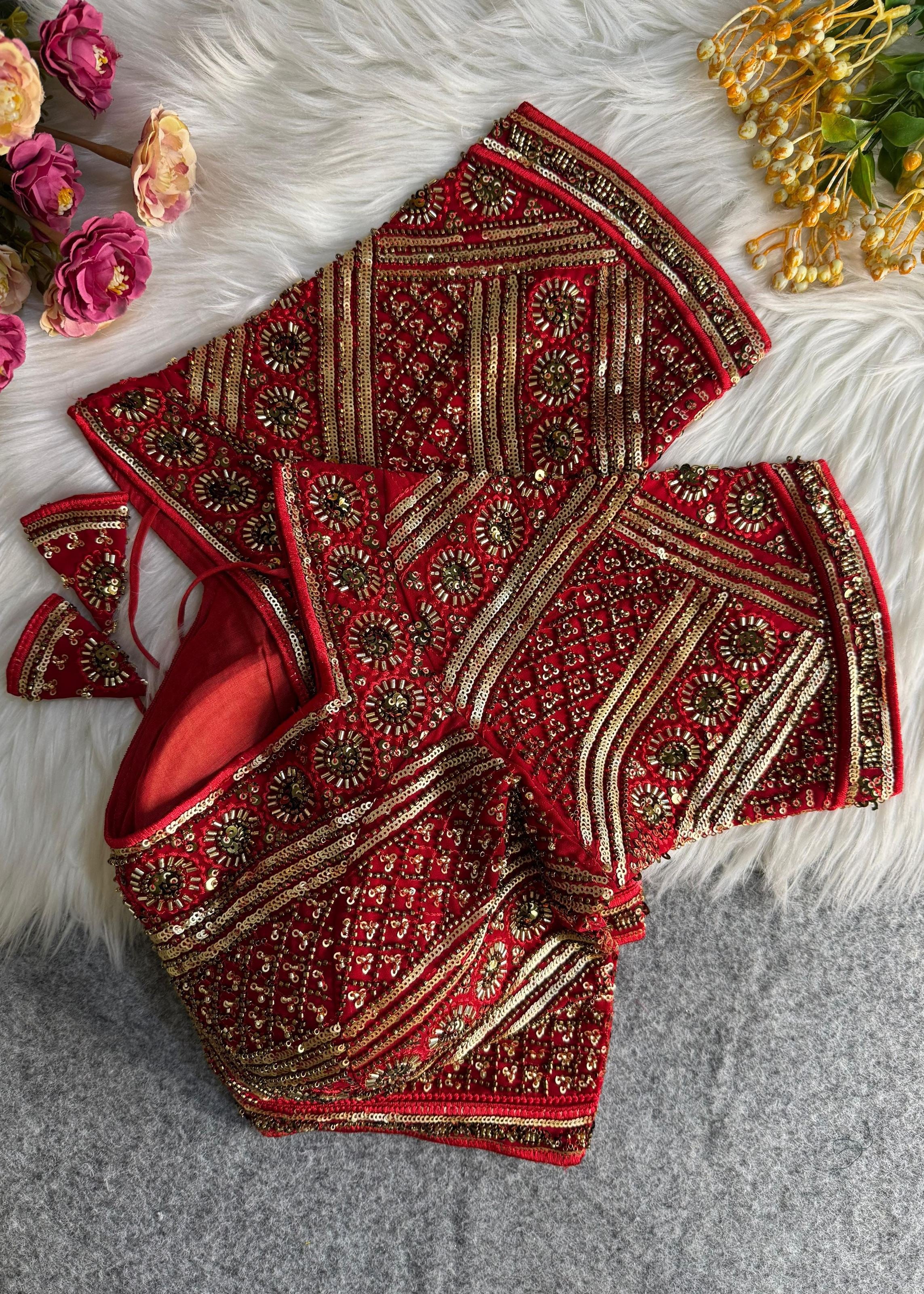 Red Handcrafted Royal Saree Blouse with Zari & Mirror Work