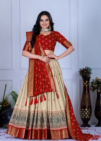 Beige Lehenga Choli With Jacquard With Jari Lining With Print