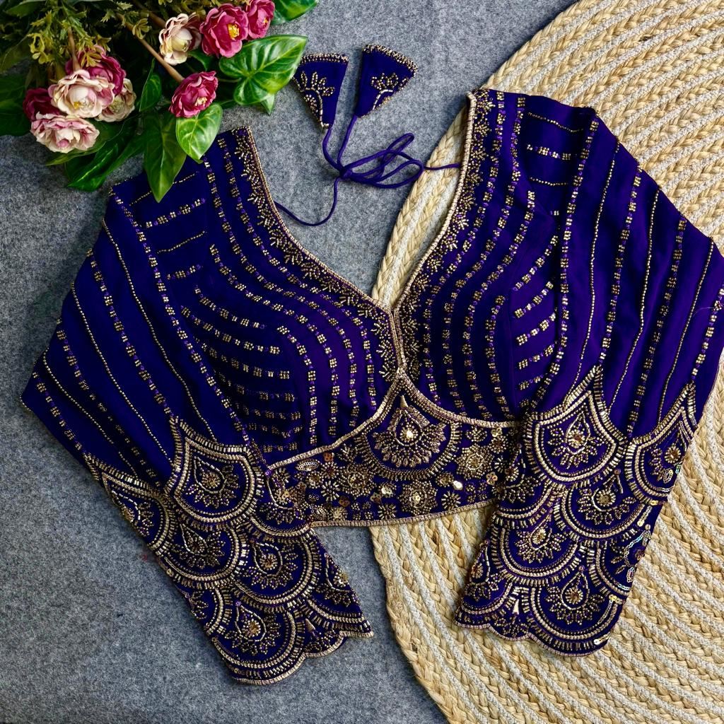 Royal Blue Georgette Blouse with Heavy Thread Embroidery  Sequins Work